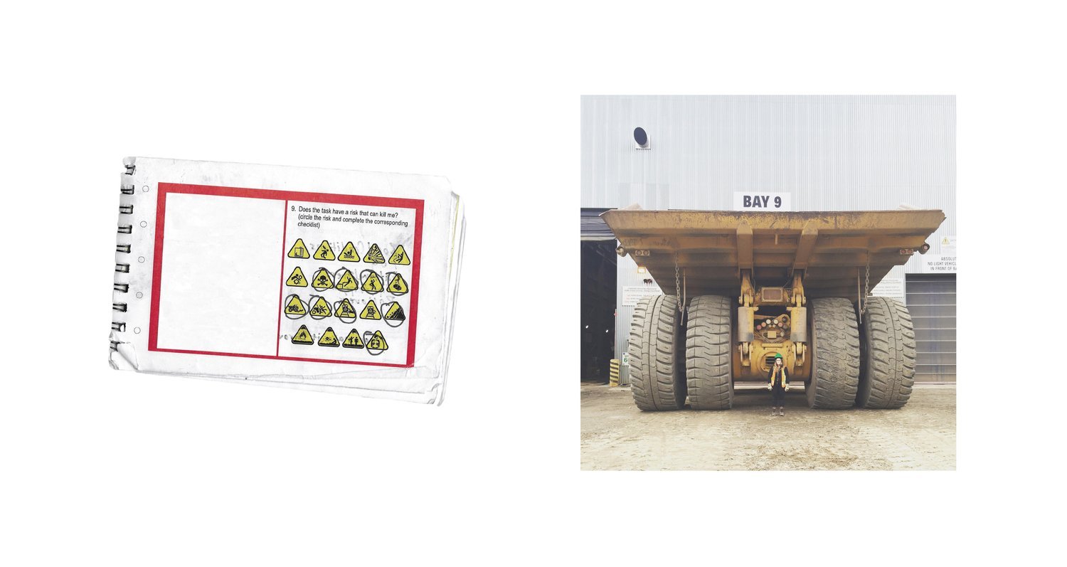A large industrial dump truck parked outside a building labeled 'Bay 9,' with a person standing underneath its massive tires. Next to it, there's an image of a safety checklist with hazard symbols and text prompting to assess task-related risks.