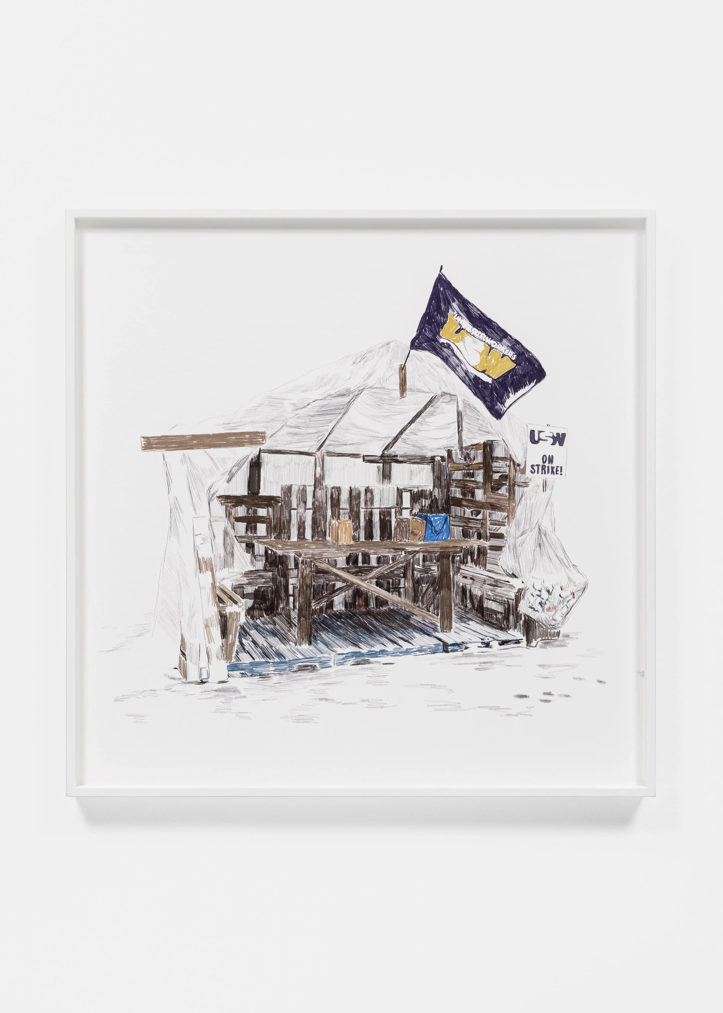 Drawing of a wooden protest structure with a United Steelworkers (USW) flag and sign saying "USW On Strike." The structure is made of pallets with a makeshift roof, possibly on a picket line.
