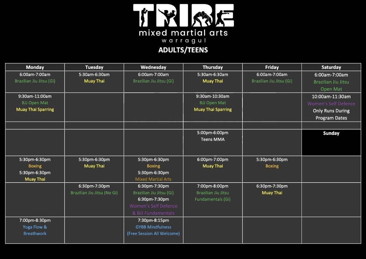 A few changes to the timetable. Morning MT will now be Tuesday and Thursday mornings, gym will be open for BJJ for those wishing to train the other days. We have also shifted Women&rsquo;s Self Defence/BJJ to Wednesday&rsquo;s at 6:30pm, casual booki
