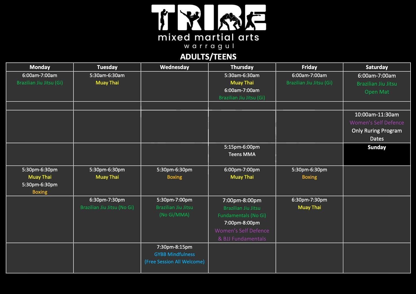 Winter timetable updates! With the cooler weather, we&rsquo;ve made some minor changes to our timetable - an extended Wednesday night session, and the Women&rsquo;s class now aligning to BJJ foundations on Thursday. Wednesday morning BJJ will now be 