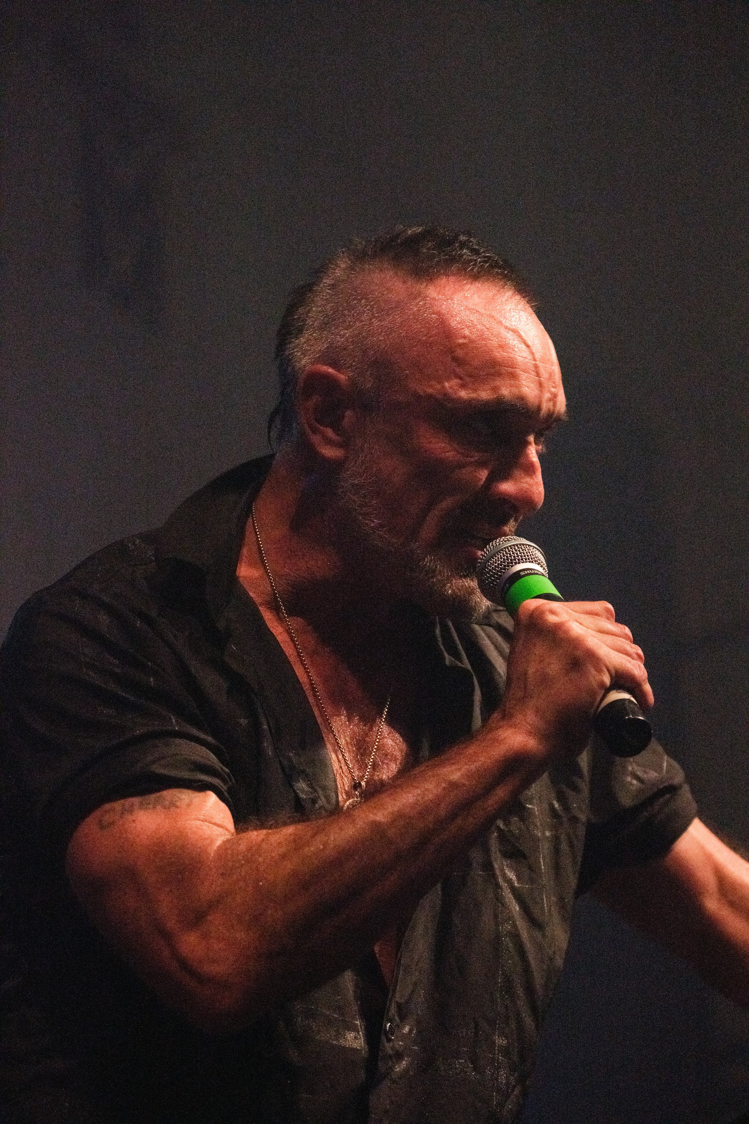 A man with short dark hair and a beard, wearing a black leather jacket, is singing into a microphone with a green band. The background is dark.