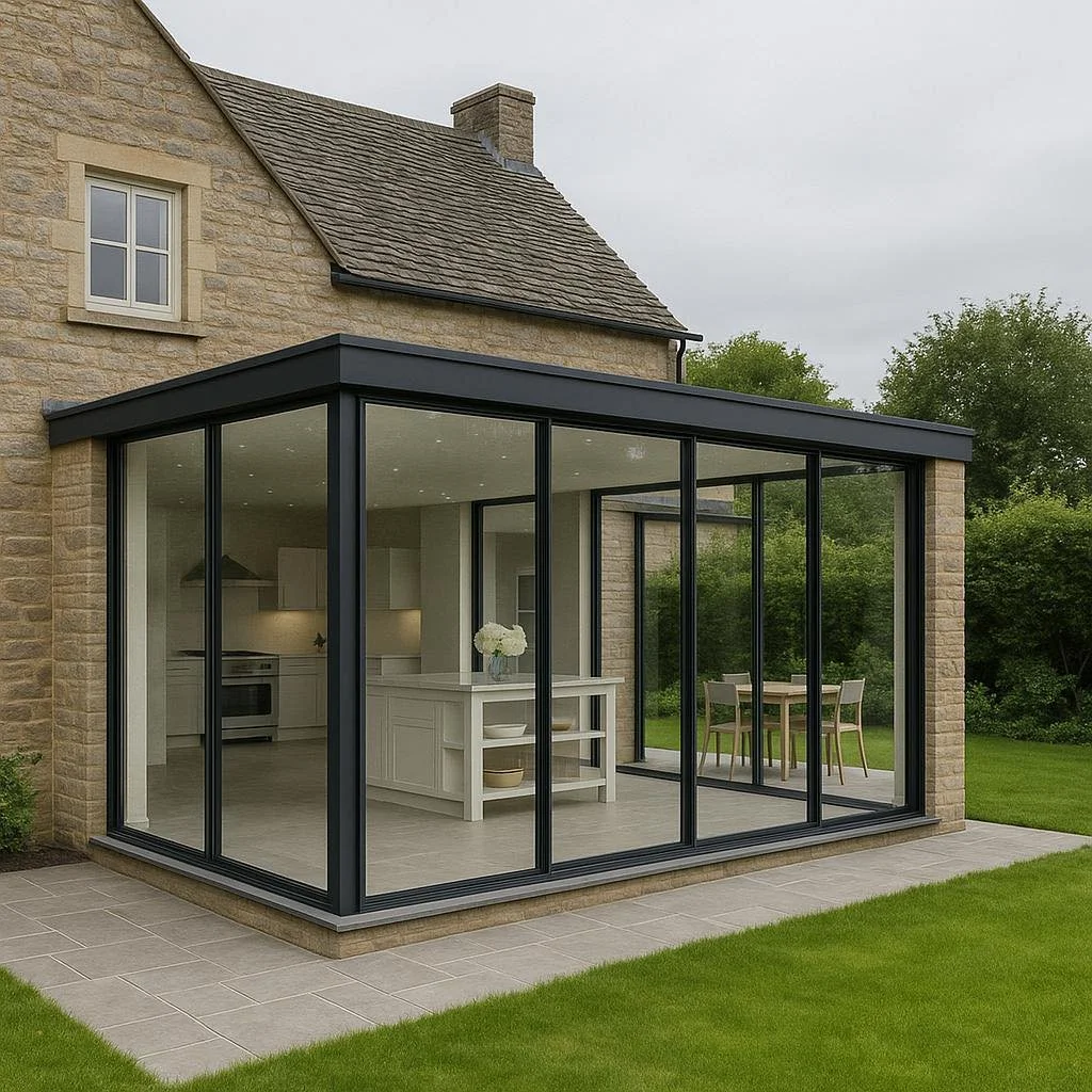 Intervention in Context | Contemporary Conservatory on a Grade II Listed Stone House

A light-touch, high-impact addition.
This contemporary glazed conservatory negotiates a subtle dialogue between past and present, inserting a modern intervention in