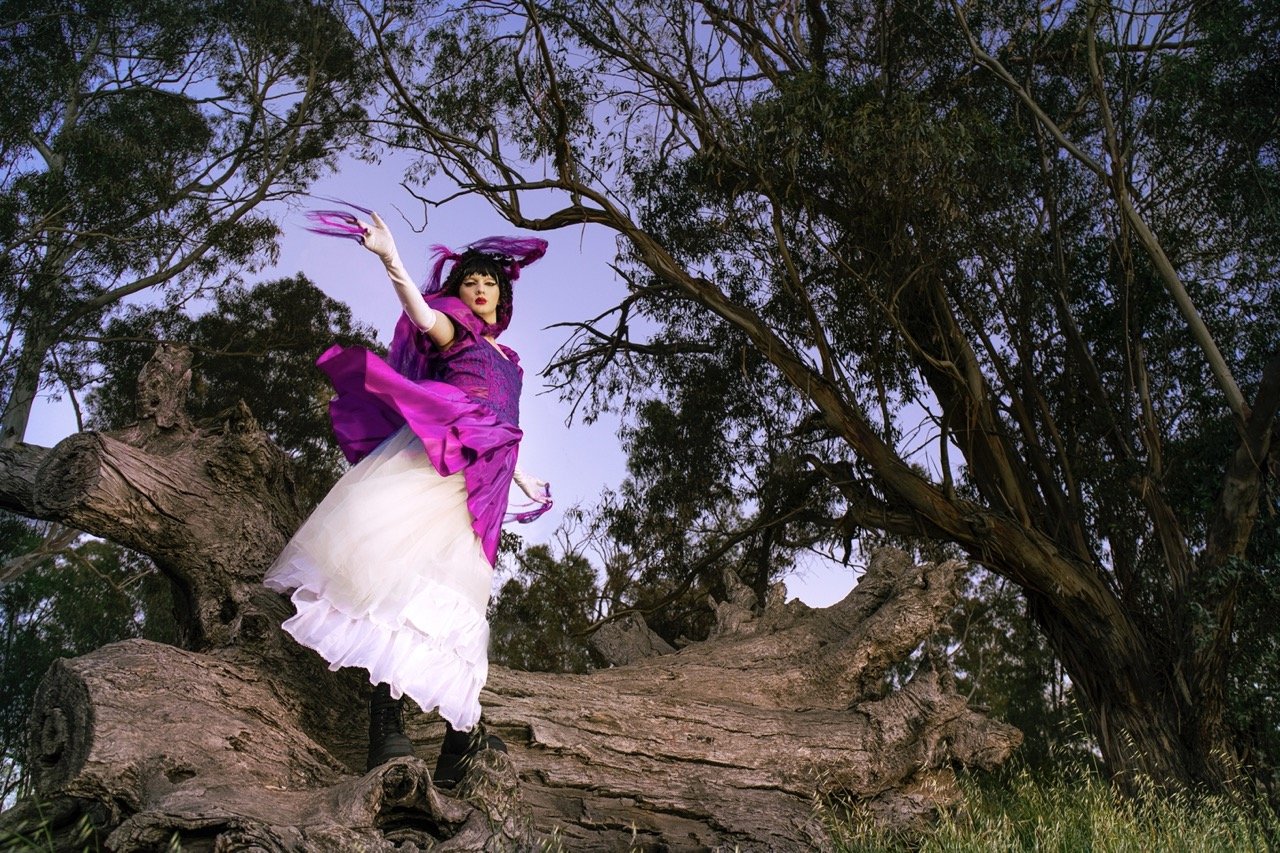 Person wearing a vibrant purple and white costume with a hat, standing on a large fallen tree in a forest setting.