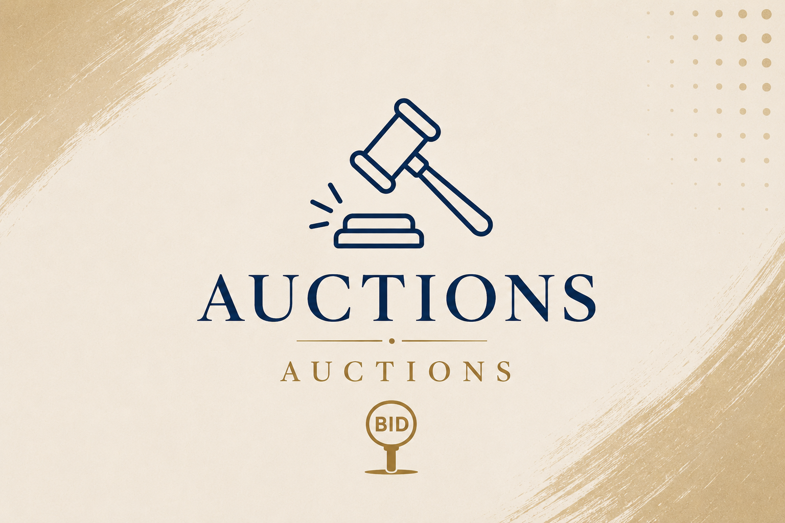 A graphic design with a gavel and auction block, the word 'AUCTIONS' in large letters, and 'AUCTIONS' again below in smaller text, with a 'BID' circle at the bottom.
