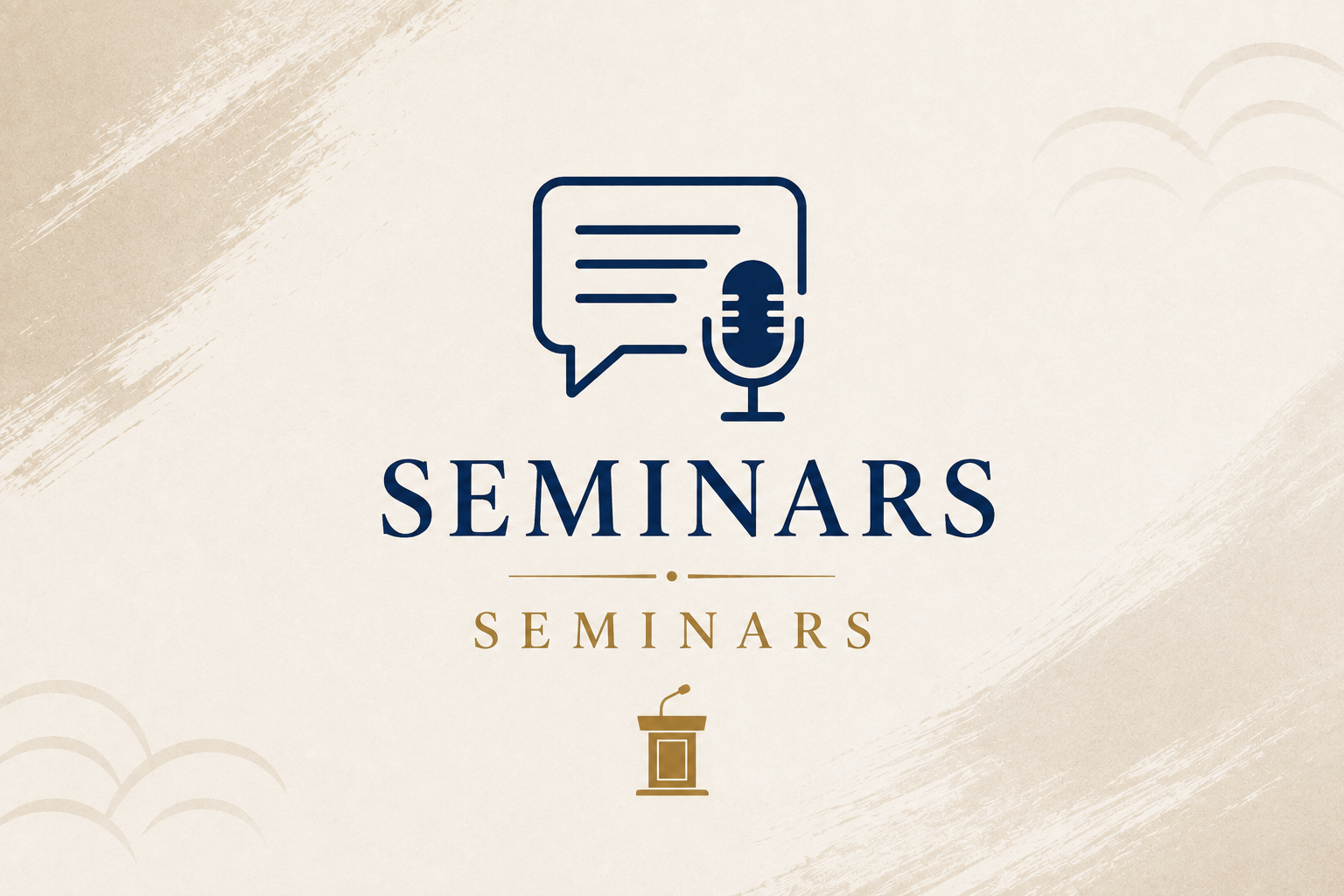 A graphic design promoting seminars, featuring speech bubble and microphone icons, with the text 'SEMINARS' in blue and gold and a podium icon.