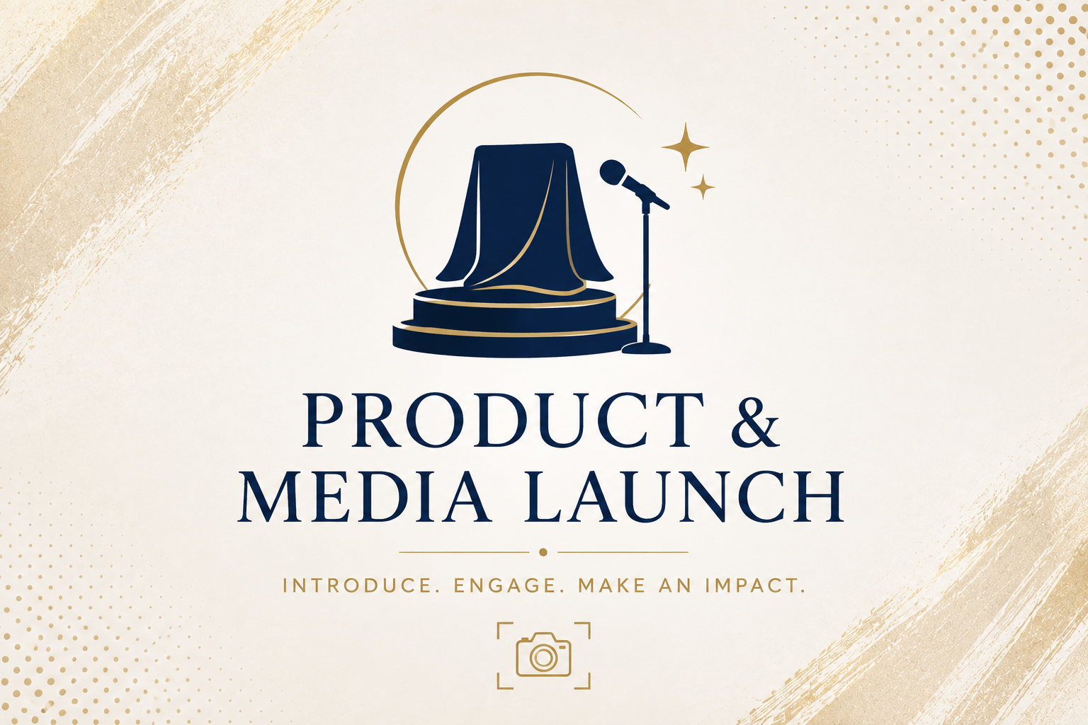 Graphic design for a product and media launch event, featuring an illustration of a stage with a curtain, microphone, and stars, with text 'Product & Media Launch' and the tagline 'Introduce. Engage. Make an Impact.'