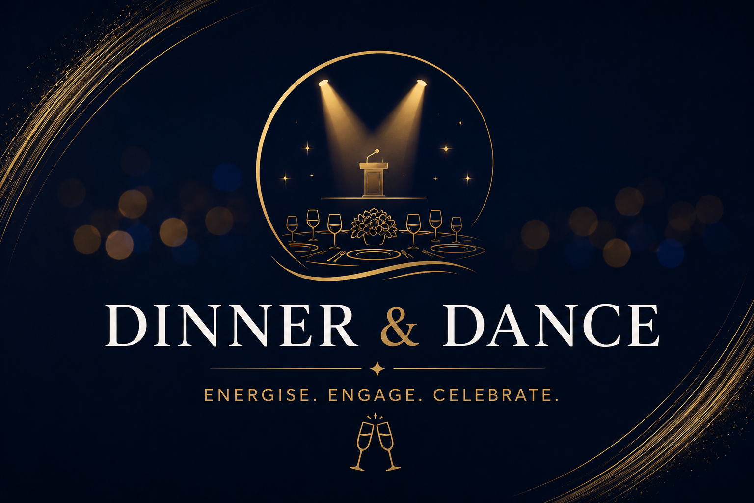 Elegant event poster with gold and navy theme featuring a stage with a podium and spotlights, decorated table with wine glasses and flowers, and the text "Dinner & Dance" with the tagline "Energise. Engage. Celebrate." and two clinking champagne glasses icon.