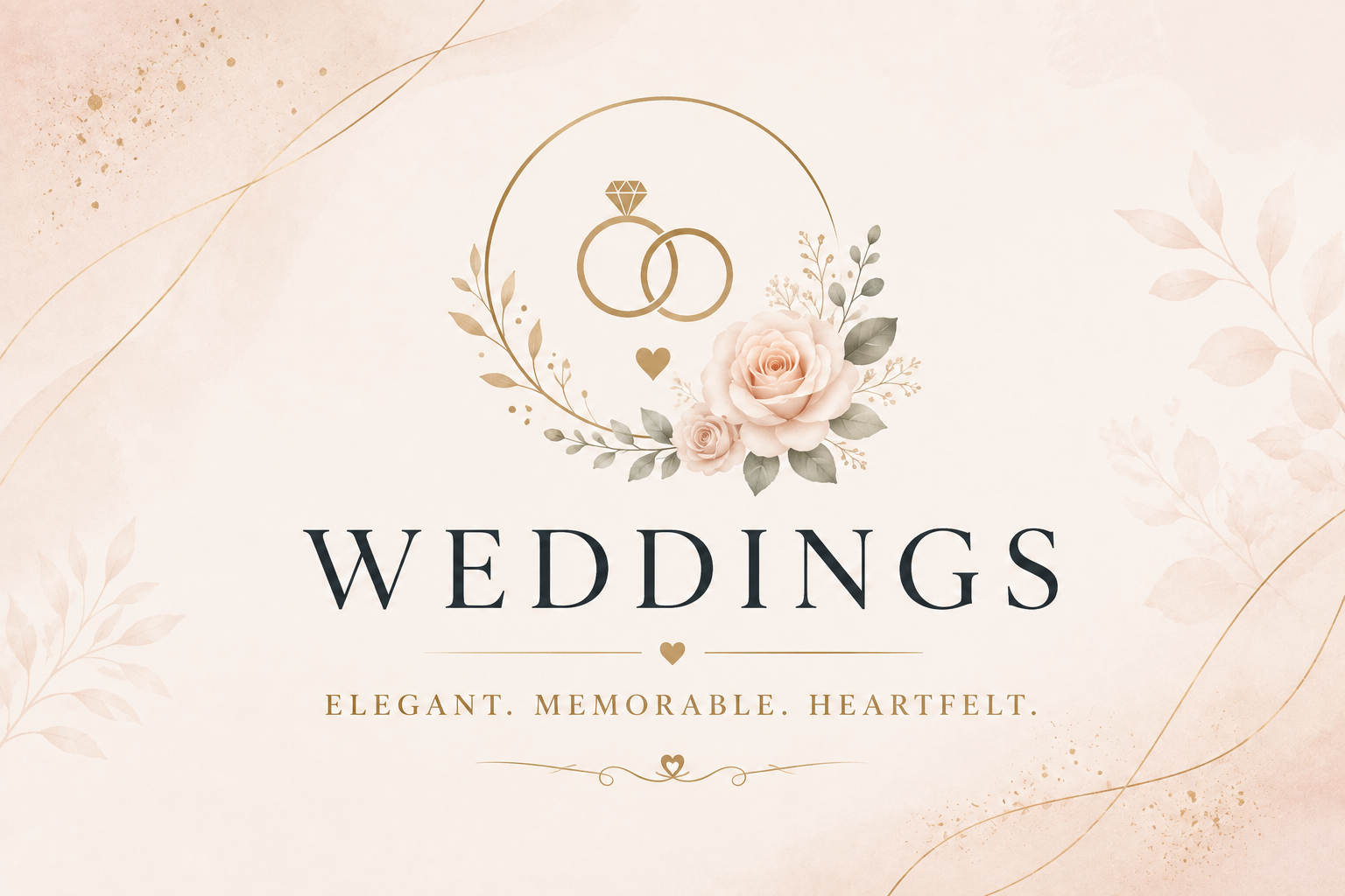 Elegant wedding invitation with wedding rings, a diamond, roses, and foliage on a soft pastel background.