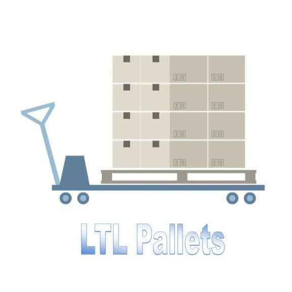 Illustration of a pallet jack carrying stacked boxes labeled 'LTL Pallets' below.