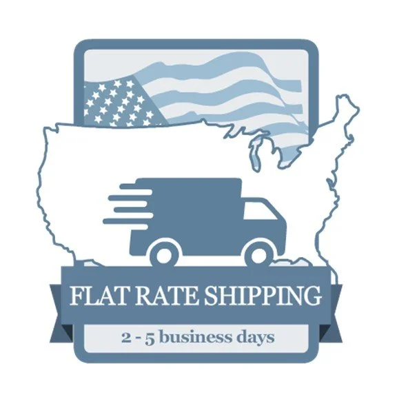 Flat rate shipping icon featuring a delivery truck outline on a U.S. map with an American flag background, stating '2-5 business days.'