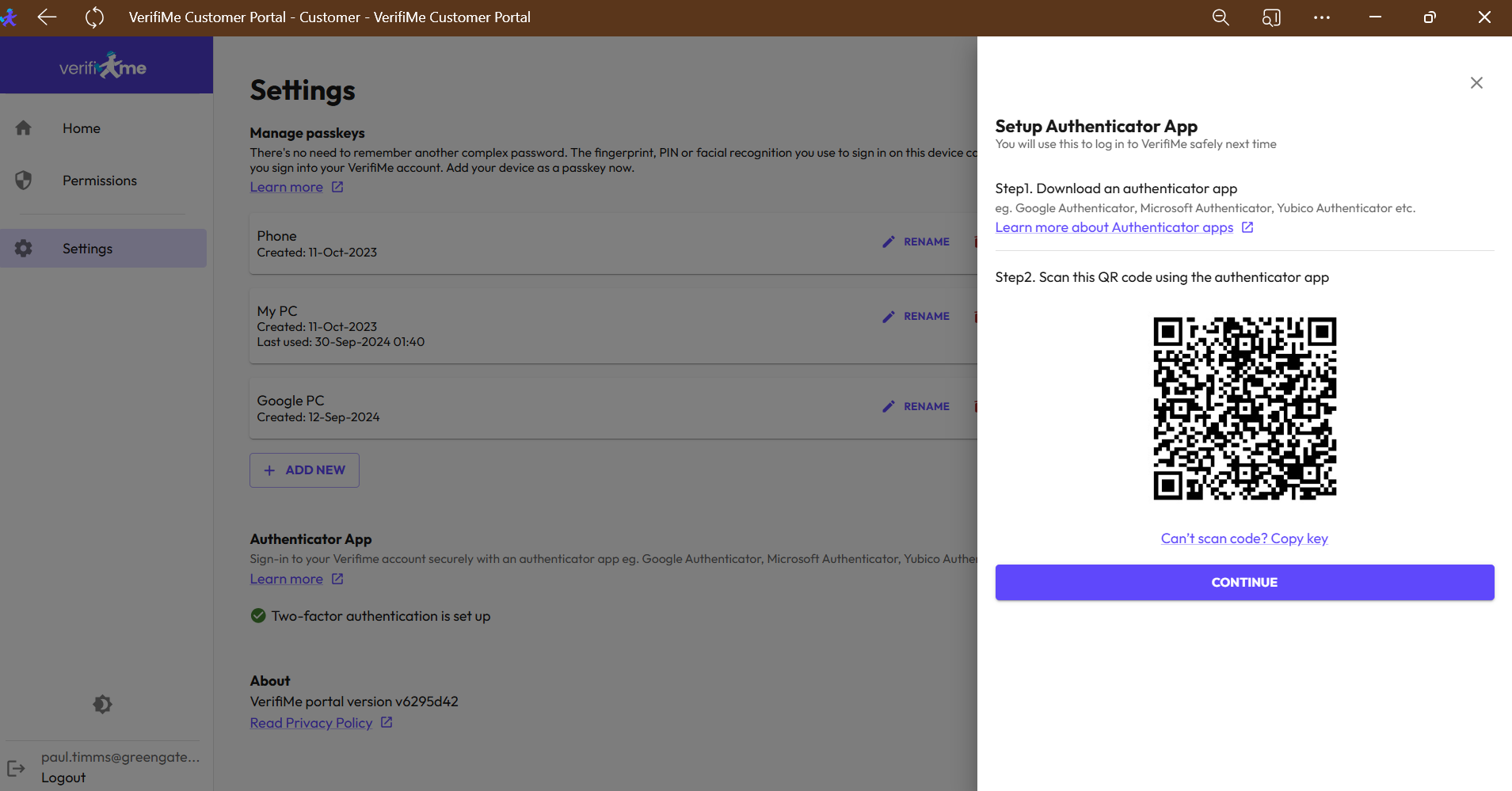 Screenshot of VerifiMe customer portal showing setup for two-factor authentication, with a QR code for authenticator app setup displayed in a pop-up window.