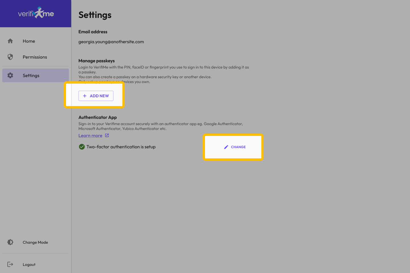 Screenshot of VerifiMe account settings page showing options to add new passkey and change two-factor authentication. The left sidebar has navigation options like Home, Permissions, Settings, Change Mode, and Logout.