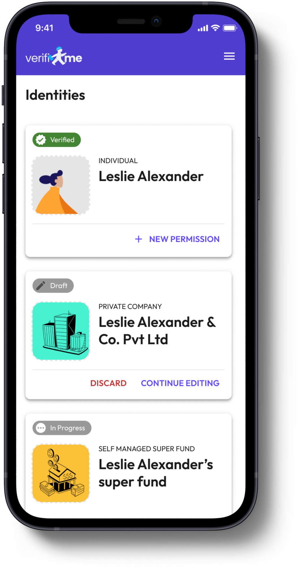 Smartphone screen displaying an app interface for managing identities. It shows three identity records: a verified individual identity, a draft private company identity, and an in-progress self-managed super fund identity. The interface features options for editing, discarding, or granting new permissions.