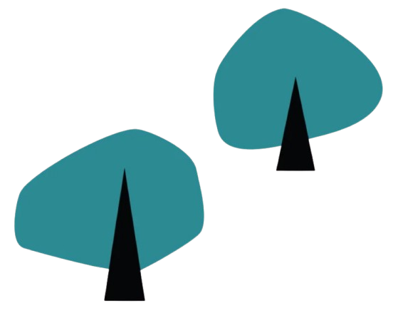 Two stylized trees with teal canopies and black trunks.