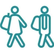 Icons of a woman and a man with backpacks, walking.