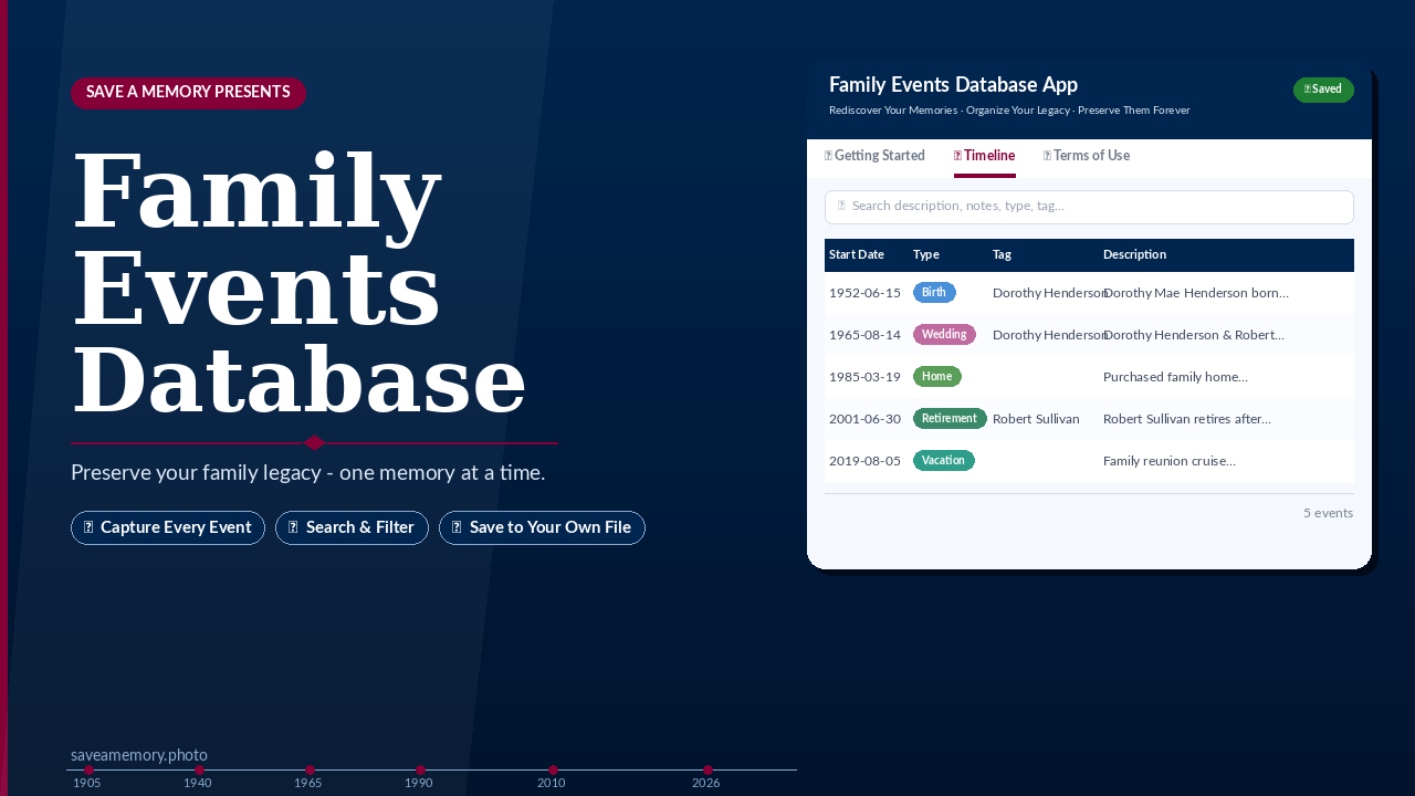 Screenshot of a family events database app with a list of events including birth, wedding, home purchase, retirement, and vacation, along with their dates and descriptions.