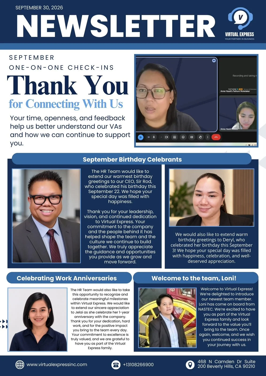 A digital newsletter from Virtual Express dated September 30, 2026, featuring a virtual meeting with two women, a birthday greeting for Sir Rod and Deryl, and sections acknowledging work anniversaries and welcoming a new team member named Loni, with photos of team members and contact information at the bottom.
