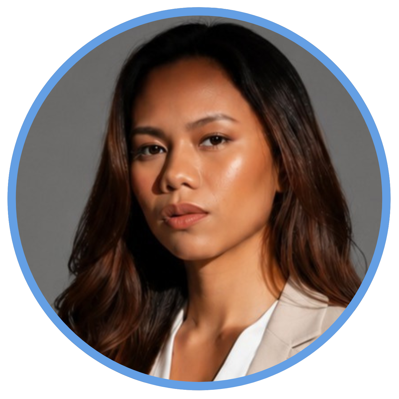 Portrait of a young woman with long, wavy brown hair, wearing a beige blazer and white blouse, looking confidently at the camera against a neutral gray background.