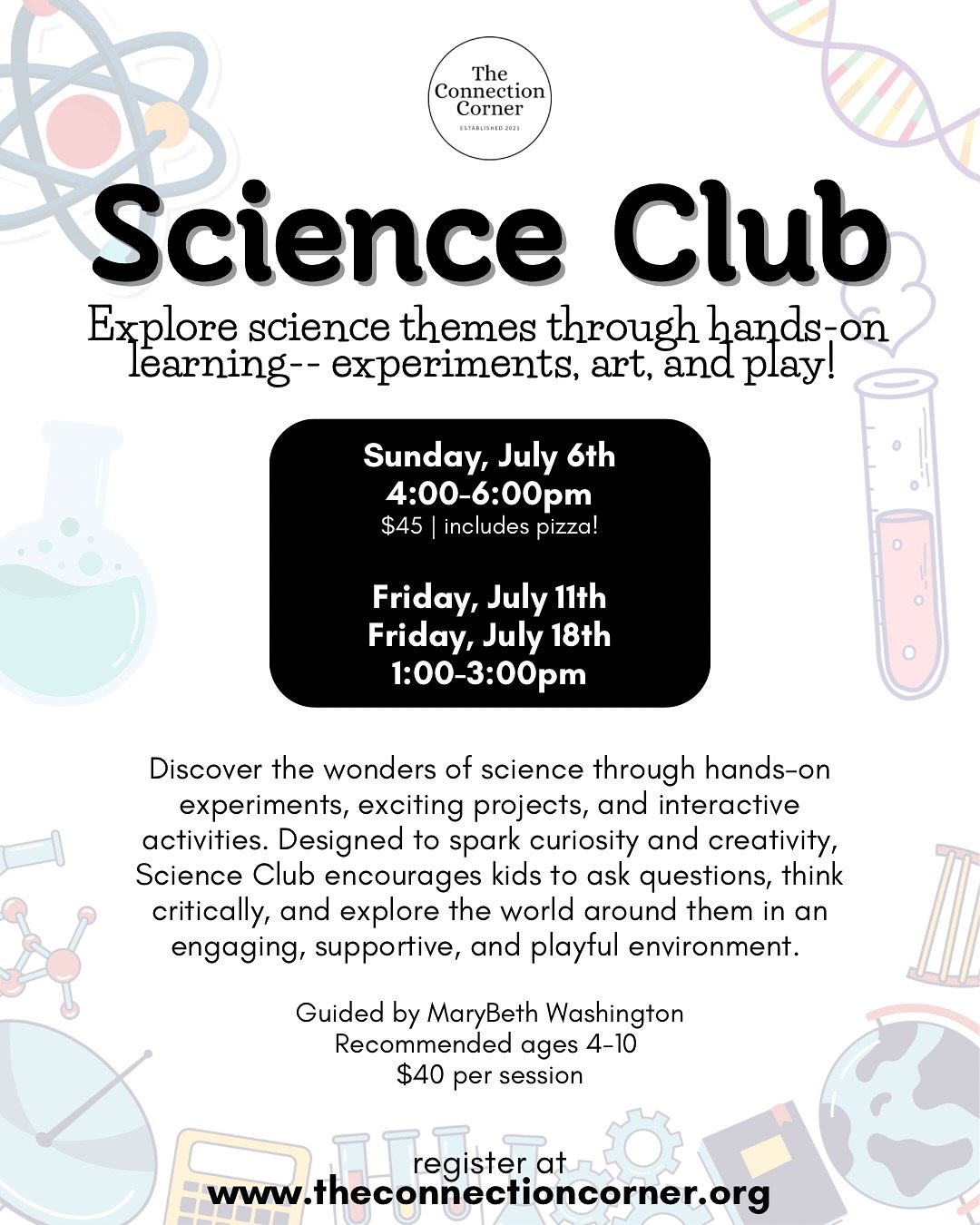 July Science Club dates! 🧑🏽&zwj;🔬

So far, they&rsquo;ve explored vertebrates &amp; invertebrates and fossils through projects, experiments, art and sensory activities, books, and lots of play! Can&rsquo;t wait to see what&rsquo;s next! 

Join us 