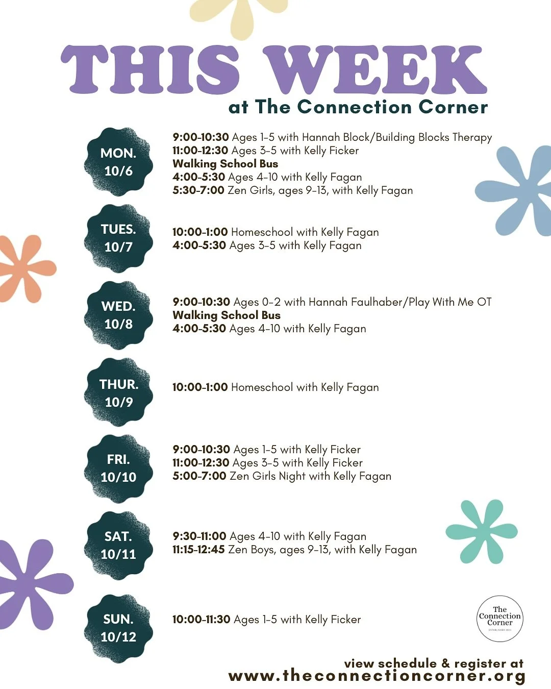 See you this week! 🗓️🤍✨

🌲 Two days of Walking School Bus this week&mdash; Monday and Wednesday 
💜 Zen Girls Potion Night on Friday
🧘🏽 A Zen Boys weekend&mdash; Saturday morning 

View schedule &amp; register at www.theconnectioncorner.org