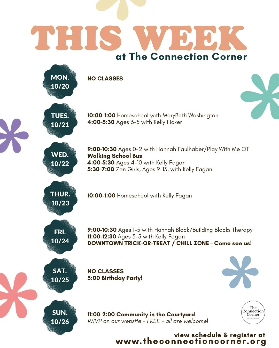 A really fun and community-filled week ahead— we hope to see you!π₯°
Friday, 10/24 during Downtown Trick-or-Treat π»π¬ 
We will have be passing out treats and we’ll also have a β¨CHILL ZONEβ¨ if you or your little ones need a break or quiet
