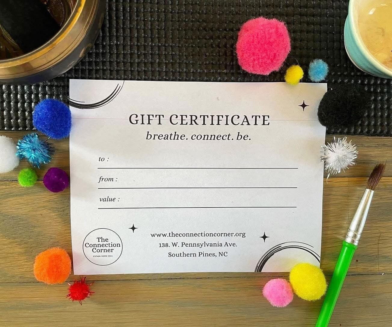 Give the gift of mindfulness, creativity, and connection this holiday season ✨

Gift certificates can be purchased in any desired amount, make a meaningful experience gift, and pair so well with yoga mats, mindfulness tools, books, art supplies, and 