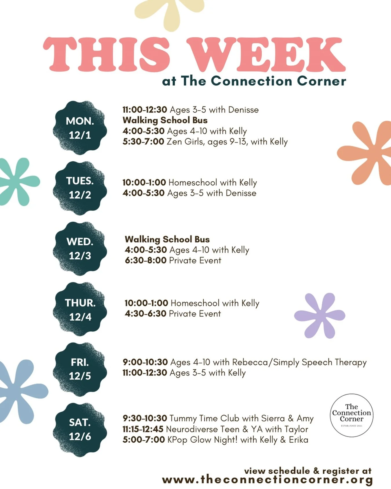 Hello, December 🌲🤍✨

A full week at The Connection Corner! 🗓️ 

Things to note! ⬇️
🌈 @simply_speech_therapync with us on Friday morning for toddlers &amp; preschoolers (ages 1-5 with a grown-up) 
👶🏼 Tummy Time Club on Saturday morning (pre-craw
