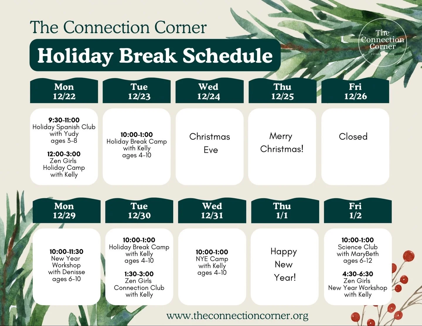 Holiday Break at The Connection Corner will be full of mindful moments, creativity, play, relaxation, and time together. We can&rsquo;t wait! 🧘🏽🎨✨

🎄 Holiday Spanish Club
🤸🏿 No School Camps
🎊 New Year Workshops
🪩 Annual NYE Camp
🧑🏽&zwj;🔬 S