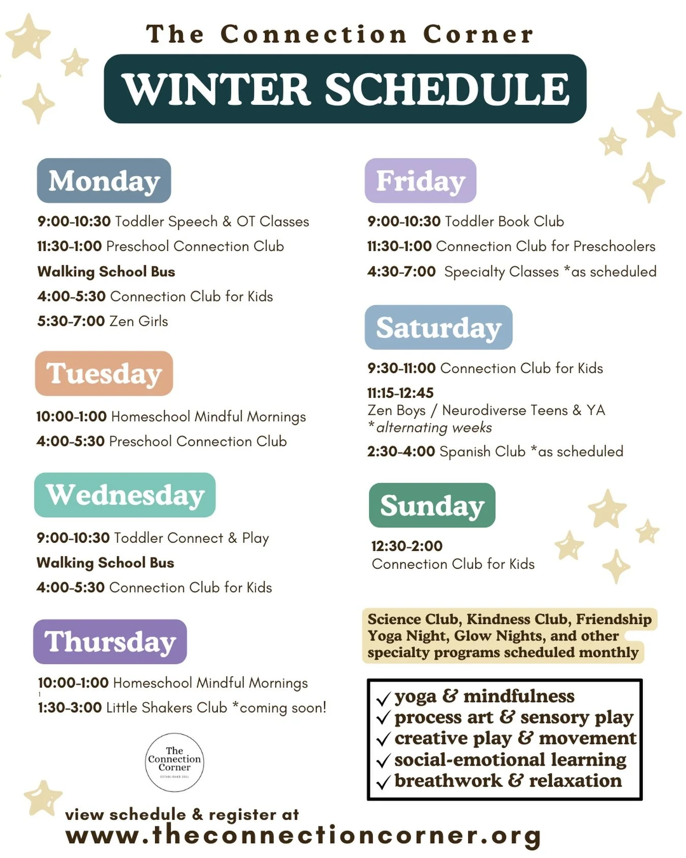 A full winter schedule&mdash; beginning next week! Something for everyone! ❄️🤍✨

Visit our website to view the full and most up-to-date schedule and registration 

Message us with questions or for help choosing the right group for your family 🤍

#m