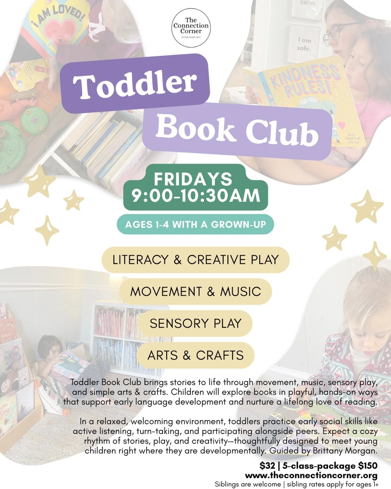Introducing a *NEW* Grown-Up + Child&mdash; Toddler Book Club! 📖 📚🤍🪄💫 

⏰ Every Friday morning 9:00-10:30 
✨ Literacy &amp; creative play
✨ Movement &amp; music 
✨ Sensory play
✨ Arts &amp; crafts

Join us for a cozy rhythm of stories, play, and