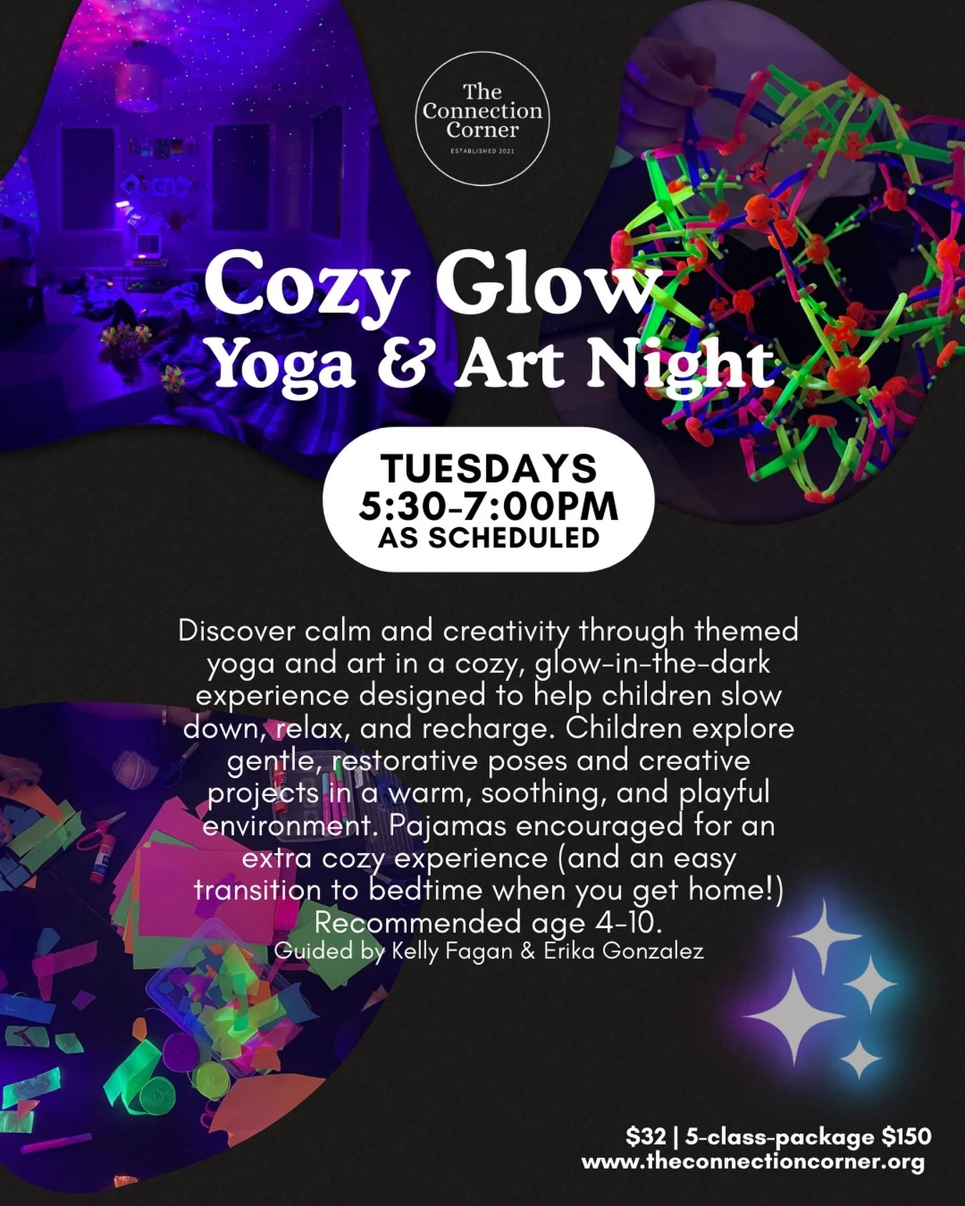 Slow down, relax, recharge, AND have fun! ✨

We are so excited for this special monthly class on Tuesdays 5:30-7:00pm. Pajamas are encouraged for an extra cozy experience (and an easy transition to bedtime when you get home!) 😉🌙💤 

Join us on Tues