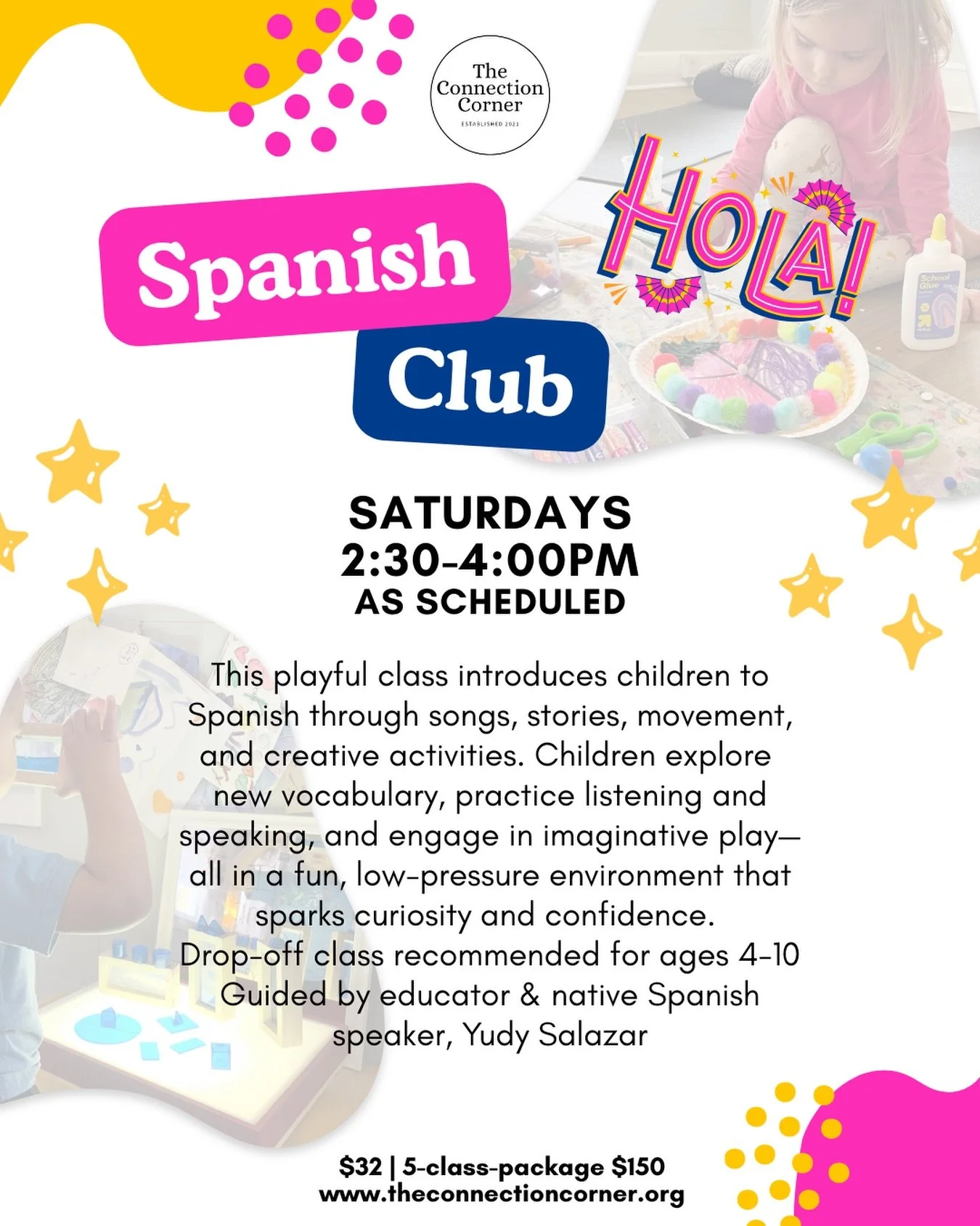 Spanish with Ms. Yudy is always so engaging and special! We are excited to add Spanish Club to the schedule about twice per month on Saturday afternoons 2:30-4:00pm 💛

Join us in January&mdash; 
🗓️ 1/17 &amp; 1/31

This is a drop-off class recommen