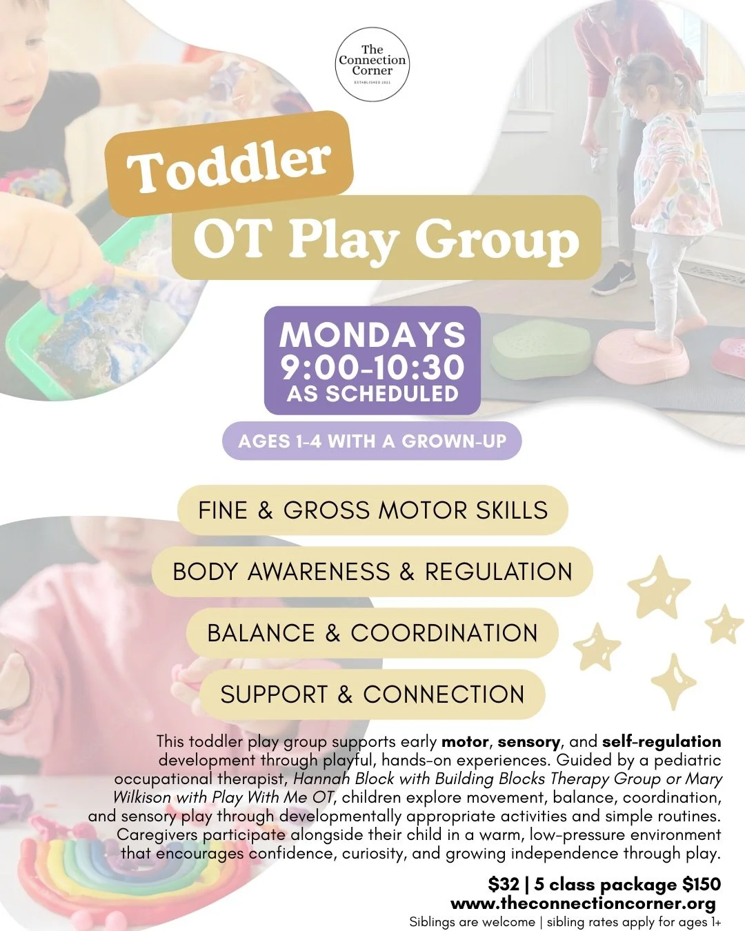 Monday mornings are for toddlers (ages 1-4) a grown-up who loves them! 🌟

Monday mornings rotate through thoughtfully designed offerings led by some of the best local therapists in the county&mdash;each rooted in a play-based approach that supports 