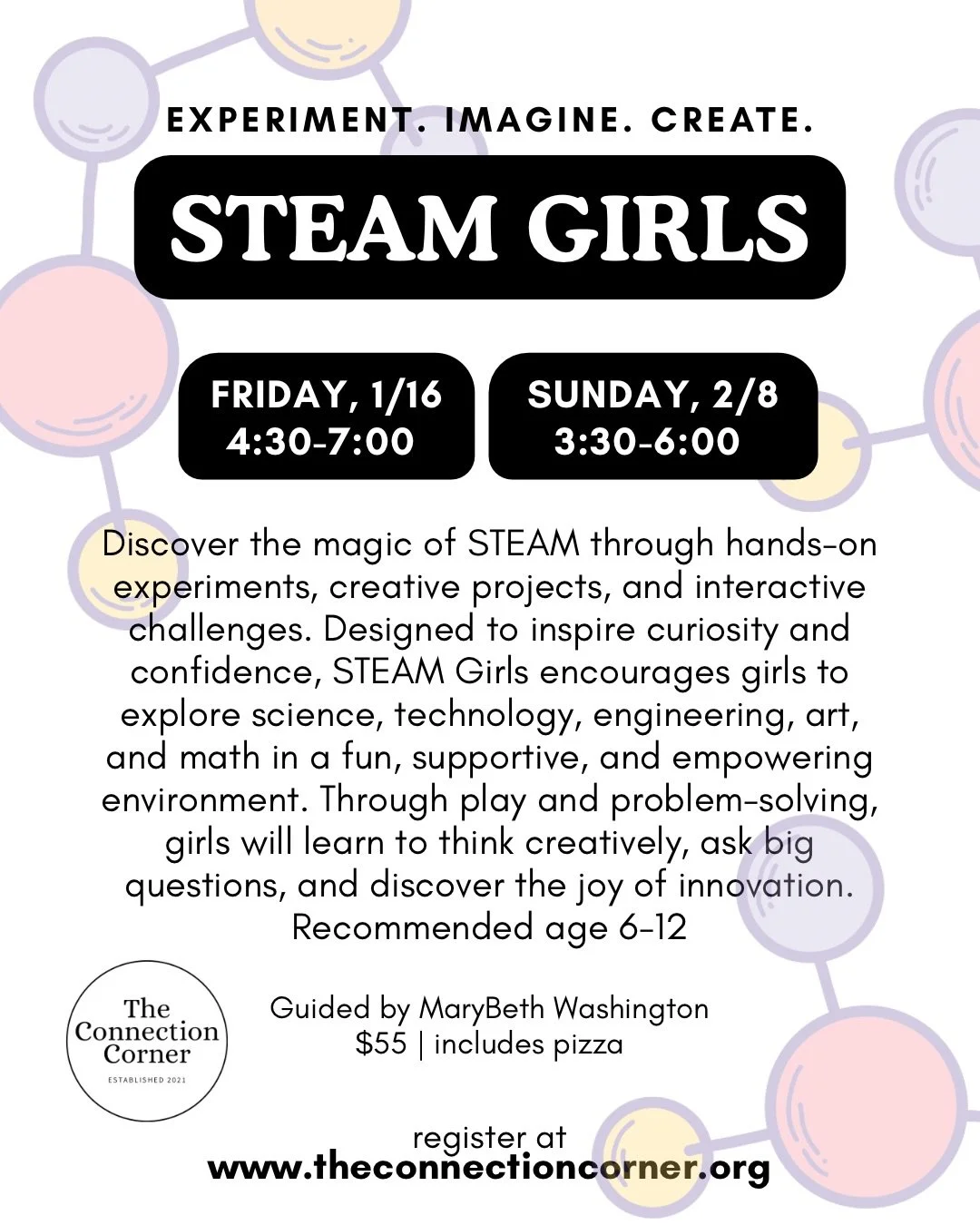 Upcoming science experiences! 🗓️ 

✨STEAM Girls
Friday, January 16th &bull; Sunday, February 8th

✨Science Club
Friday, February 13th 

Marybeth is leading Homeschool Mindful Mornings on the following dates, which will incorporate all of what we are