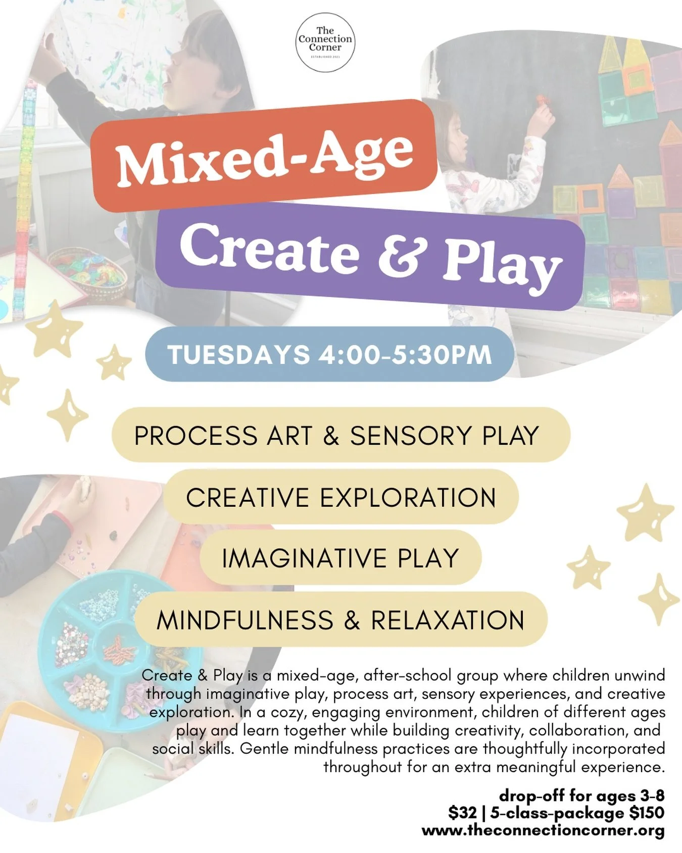 A little Tuesday afternoon update we&rsquo;re excited about! ✨

Create &amp; Play is now open to ages 3&ndash;8(ish)! 🤗

This mixed-age, after-school group gives children space to unwind through imaginative play, process art, sensory experiences, an