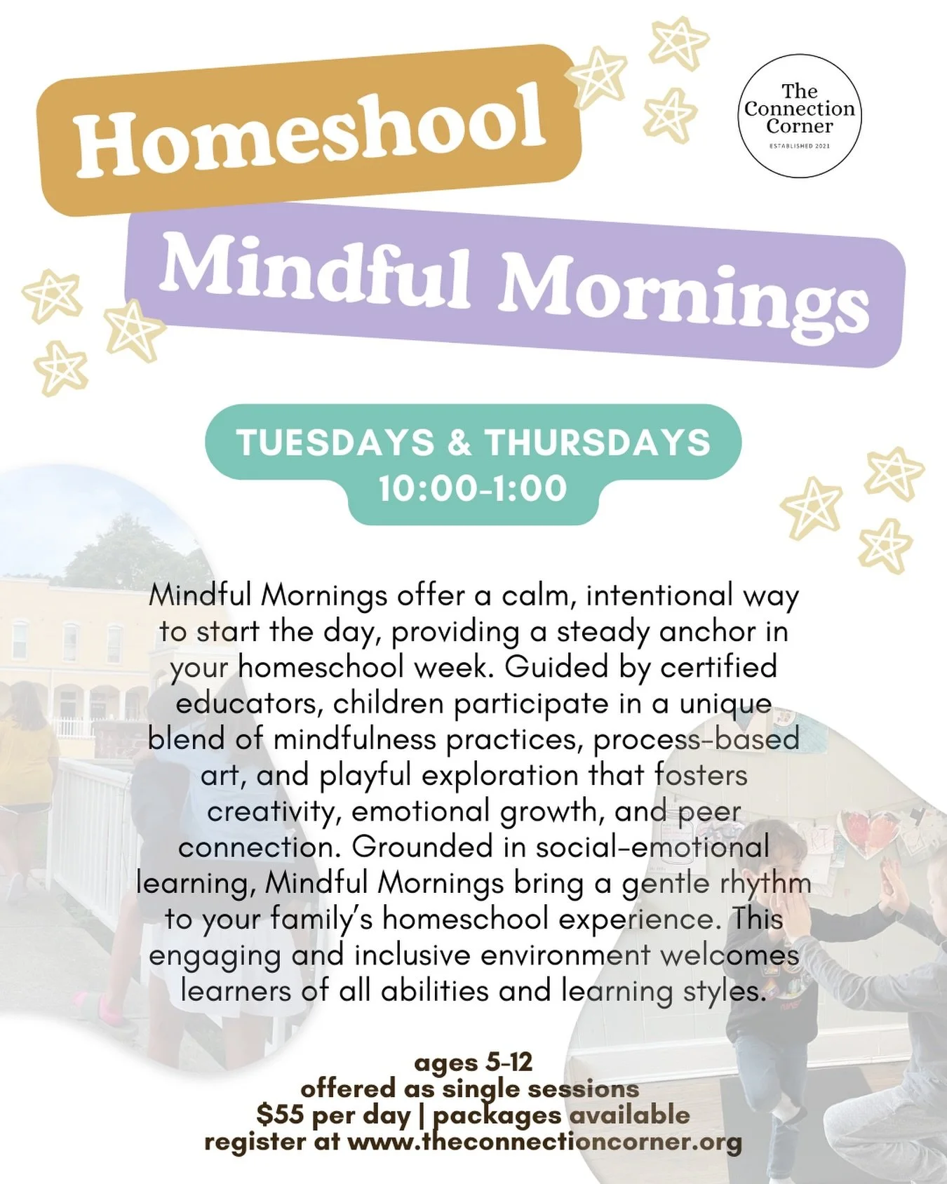 The best little addition to a homeschool week ✨

🗓️ Tuesdays &amp; Thursdays
🕰️ 10:00am-1:00pm

www.theconnectioncorner.org

#moorecounty #southernpines #homeschool #moorecountyhomeschoolers #playbasedlearning #processart #mindfulness #yogaforkids 