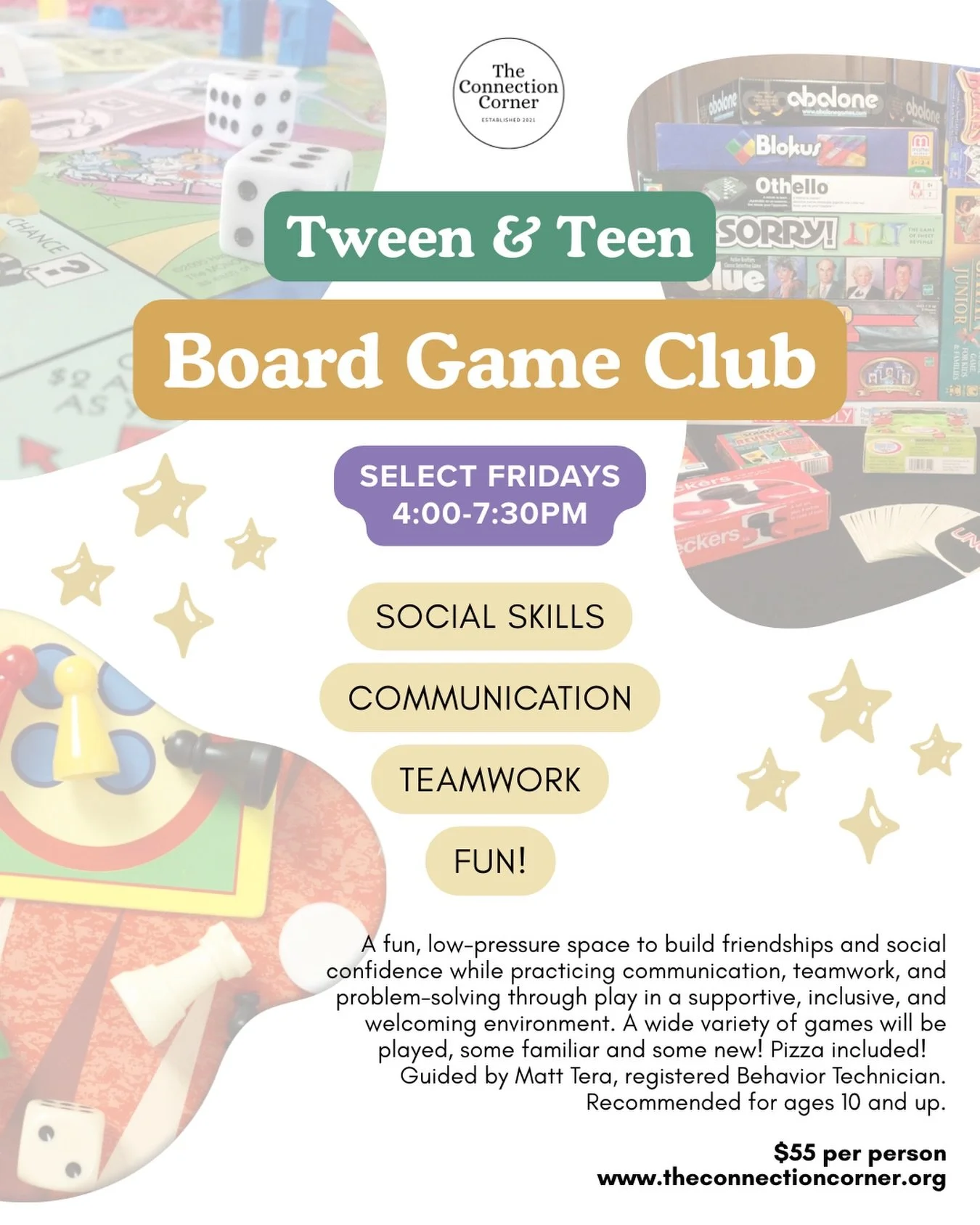 Attention board game enthusiasts! 📣 

We&rsquo;re so excited to bring Board Game Club to The Connection Corner, a space where tweens and teens (ages 10+) can connect, play, and grow together. ♟️🧠🎉

Through classic and modern board games, participa