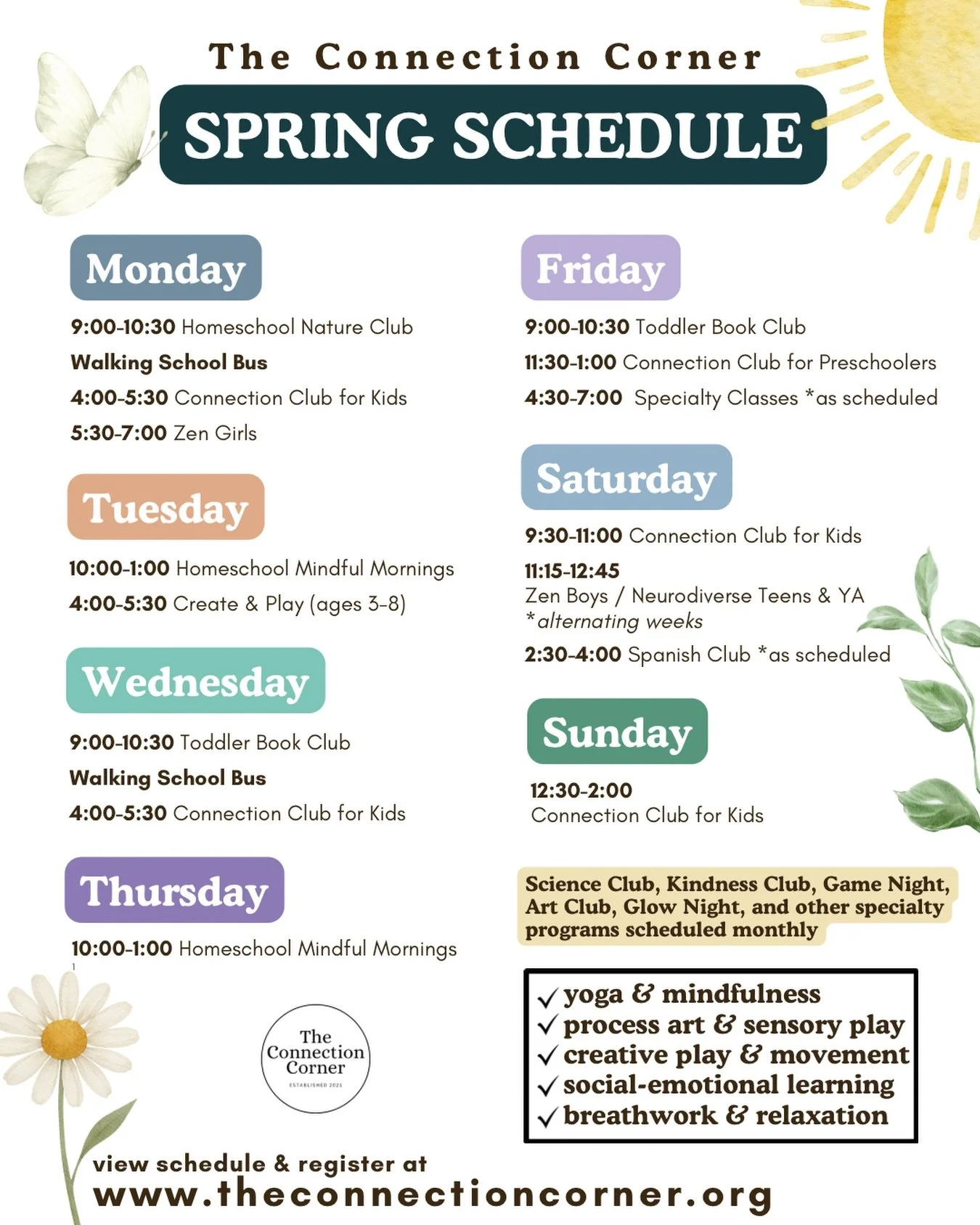 A full spring schedule ahead! 🌼🌱🐝

Our spring schedule runs April through the first week of June, with summer programs beginning the week of June 15th. ☀️
Summer registration will be available April 4th!

Mindfulness, yoga, art, creativity, play, 