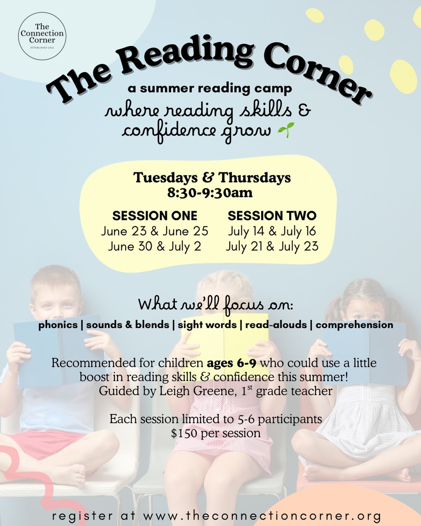 A summer reading camp designed to support growing readers in the most encouraging, confidence-building way 📖🤍🌱

In this small group setting, we focus on the foundations that matter most&mdash;
✨ phonics
✨ sounds &amp; blends
✨ sight words
✨ read-a