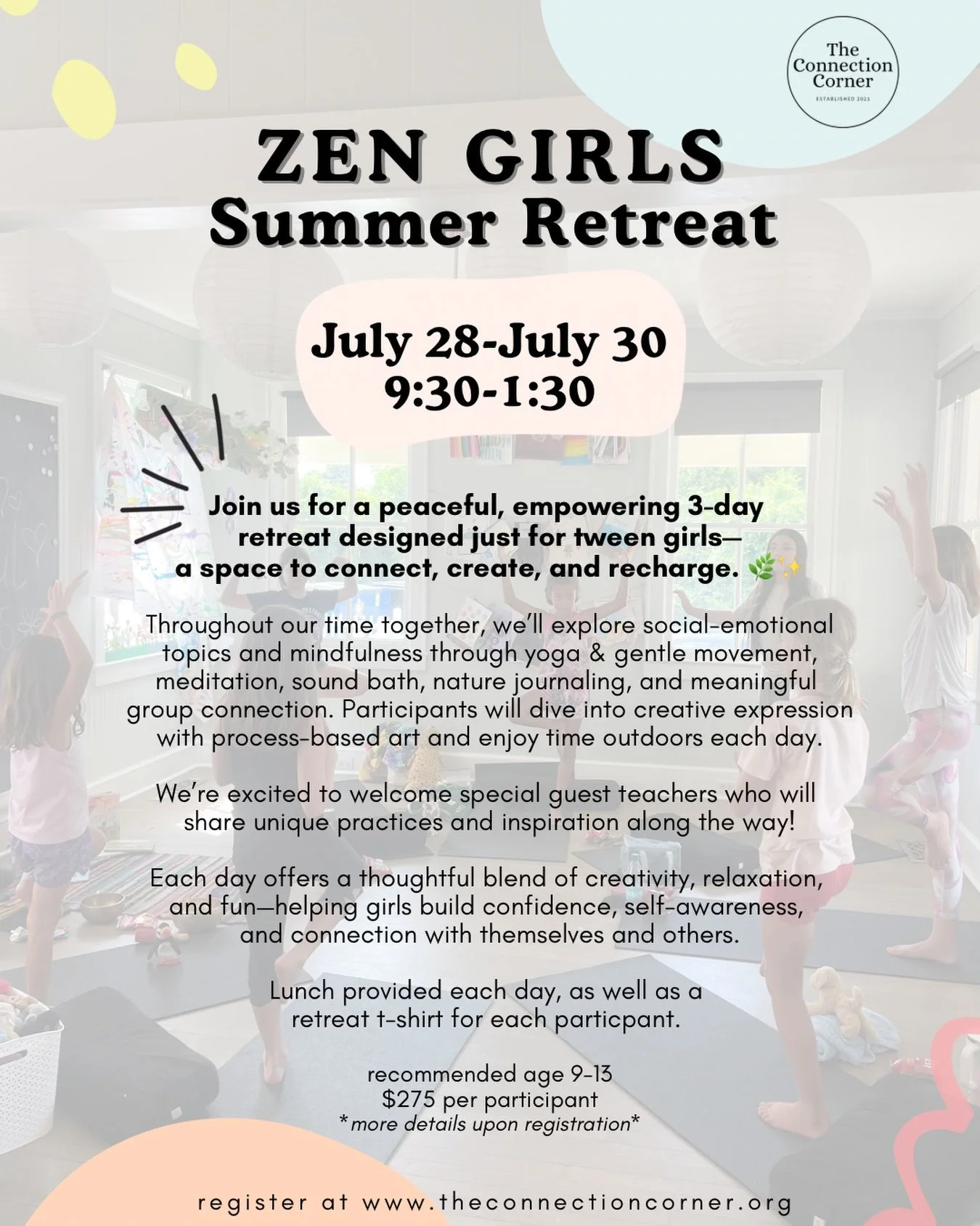 Zen Girls ✨🌿💫

A 3-day summer retreat created just for tween girls to slow down, breathe, and to connect with themselves and with each other 🤍

Through yoga, meditation, sound bath, nature journaling, and creative expression, we&rsquo;ll nurture t