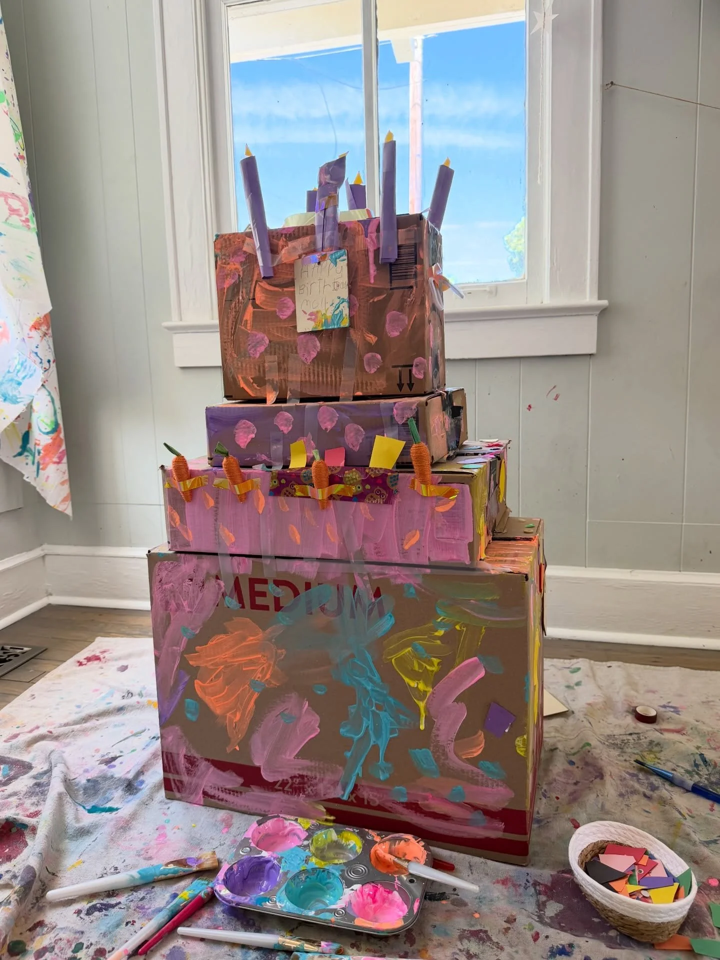 We celebrated a birthday in our homeschool class this week, and the way the group came together was so sweet. They worked together to create a giant cardboard box birthday cake for our birthday girl&mdash;each adding their own ideas, creativity, and 