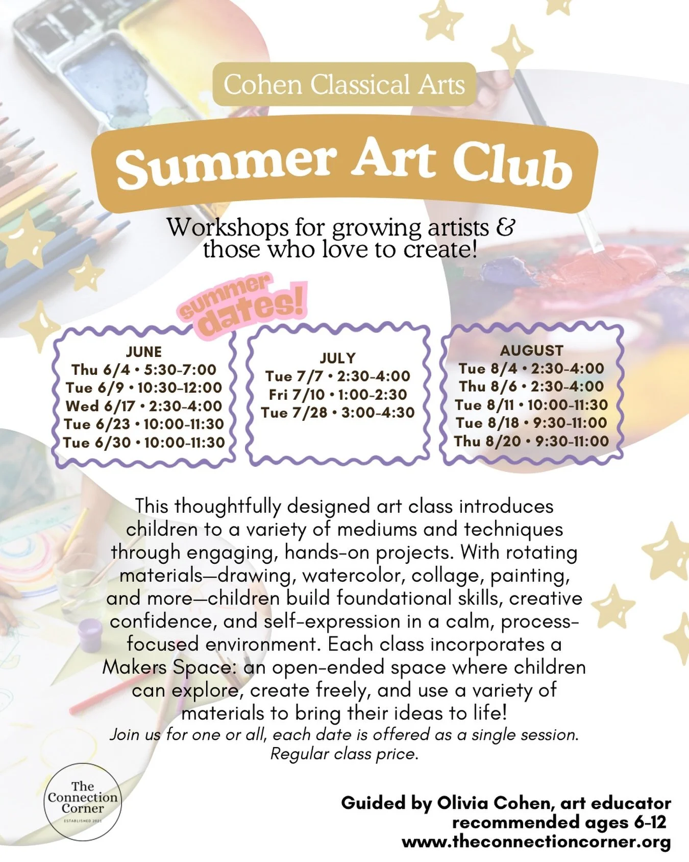 Art Club has been such a wonderful addition to our offerings here at The Connection Corner over the last few months and we are so excited to offer all of these dates throughout the summer! ☀️🎨🧑🏽&zwj;🎨 

Each class is hands-on, creative, and relax