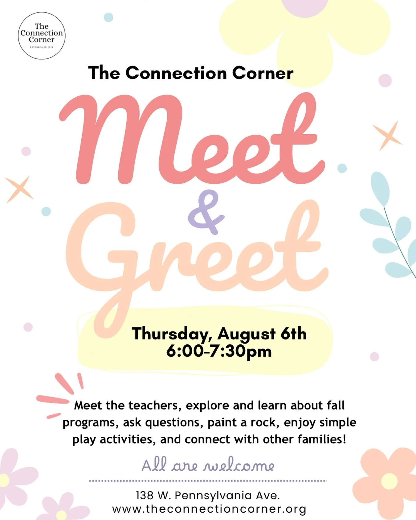 ✨ Come Meet Us! ✨

Thinking about joining us this fall? We&rsquo;d love to meet you!

Join us for a casual Meet &amp; Greet at The Connection Corner on Thursday, August 6th, from 6:00&ndash;7:30pm! 

If you&rsquo;ve been curious about our space, wond