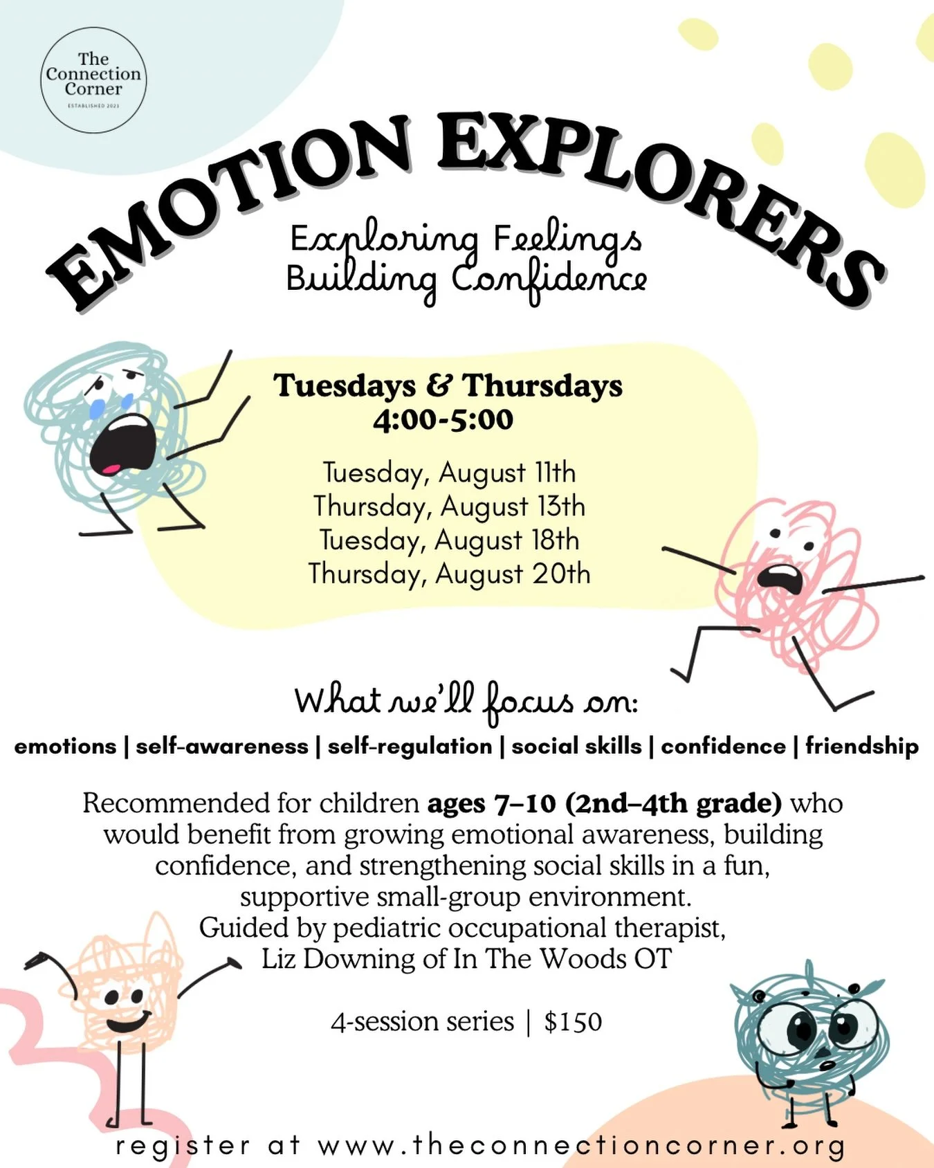 🌿 Introducing: Emotion Explorers!

We&rsquo;re so excited to welcome pediatric occupational therapist Liz Downing of @inthewoods.ot to The Connection Corner for a brand-new 4-week self-regulation series for children ages 7&ndash;10!

Perfectly timed