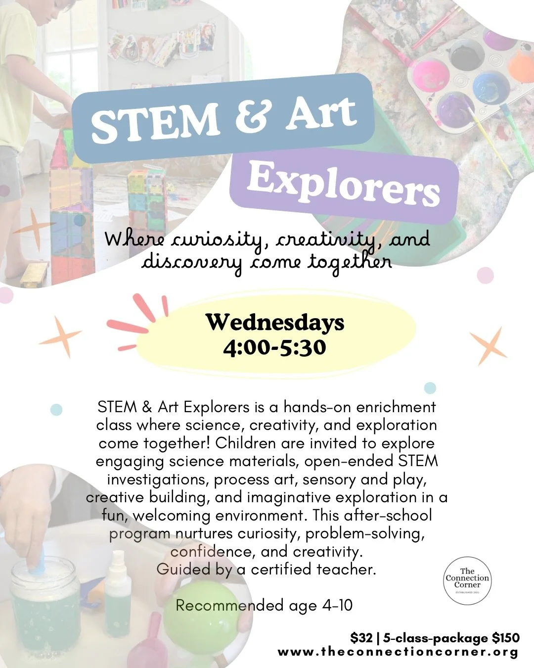 We are SO excited to add these two classes to our regular weekly schedule this fall- starting next week! 🤩

Exploratory, creative, process-based, and fun! 

🧪🧲🎨 STEM &amp; Art Explorers for ages 4-10

🎶🪩🎨 Music &amp; Art Explorers for ages 3-5
