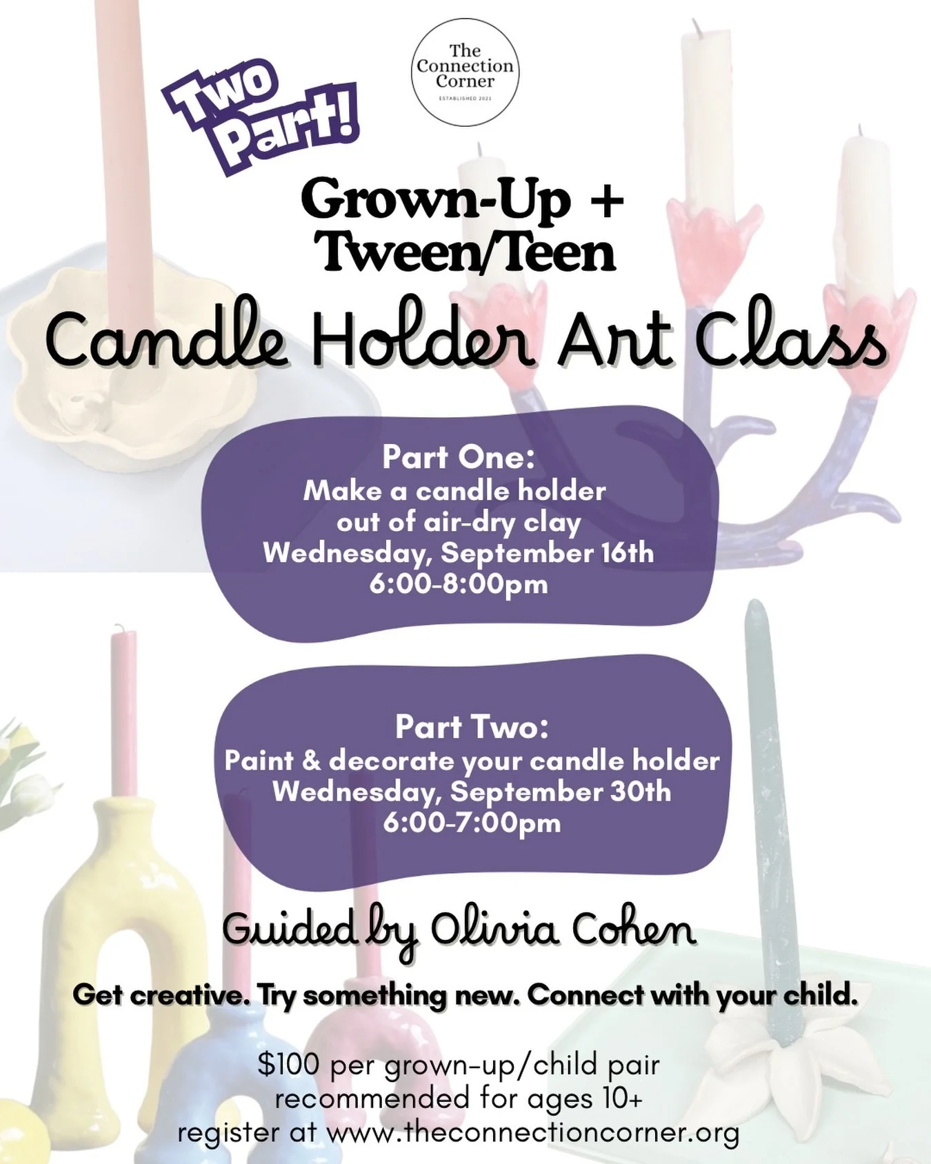 This is going to be such a special experience for tweens &amp; teens and a grown-up who loves them 🥹✨

Join us for this two-part candle holder workshop with Olivia!

On the first night, artists will create their candle holders out of air-dry clay. T