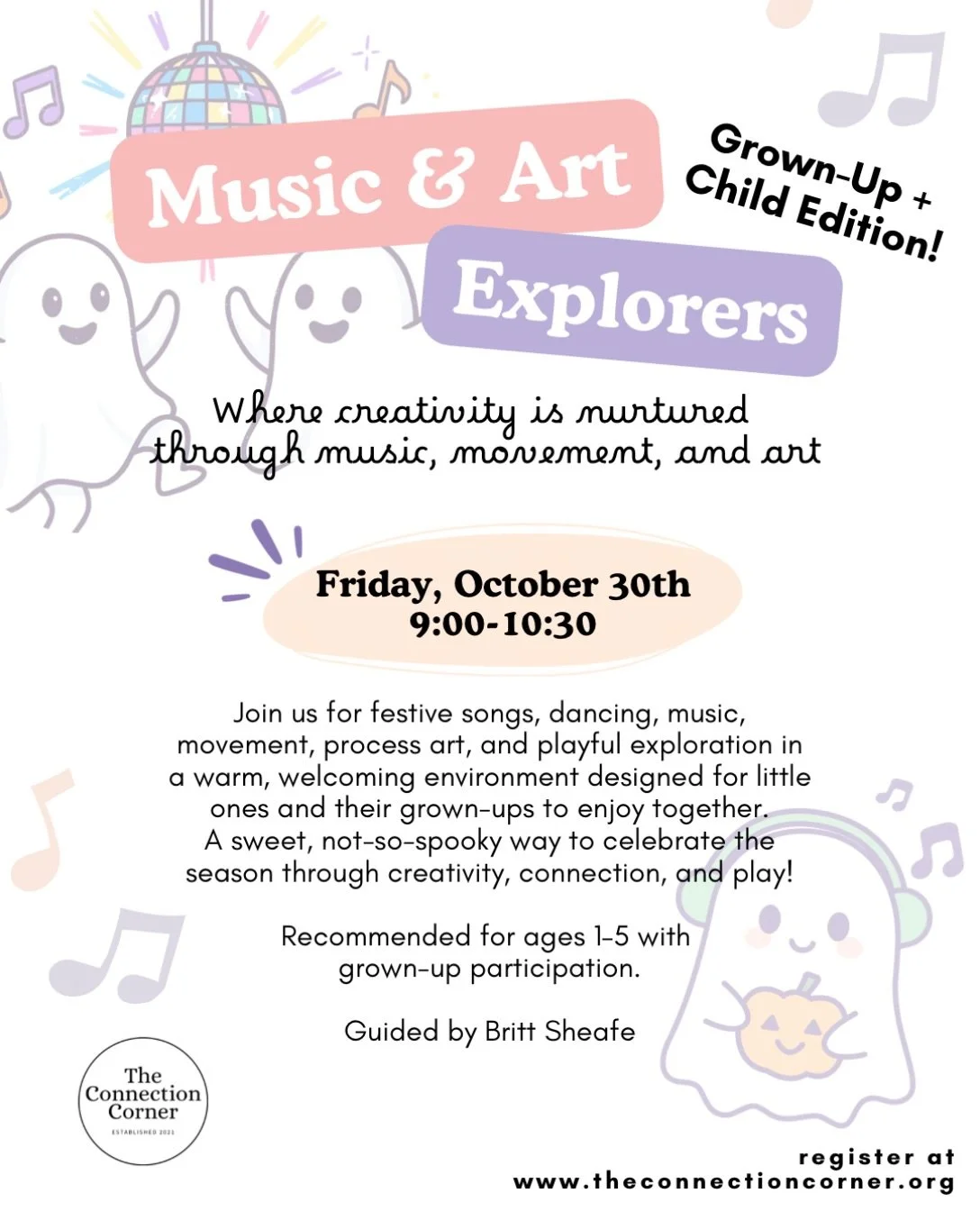 Friday mornings are for littles + their grown-up! 😍

We are excited to bring this grown-up + child version of Music &amp; Art Explorers to our Friday morning for a not-so-spooky class of music, movement, sensory play, art, and connection - it&rsquo;