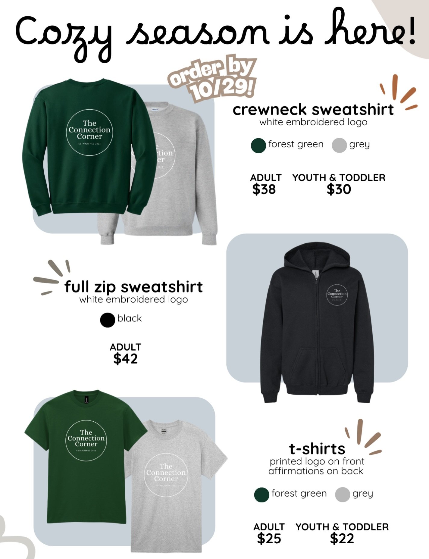 The COZIEST new sweatshirts &amp; tees!🤍✨

Embroidered crewneck sweatshirts, full-zip hoodies, and our favorite tees with positive affirmations on the back. Lots of options for the whole family! 

Orders must be placed by Thursday, October 29th! 👕 