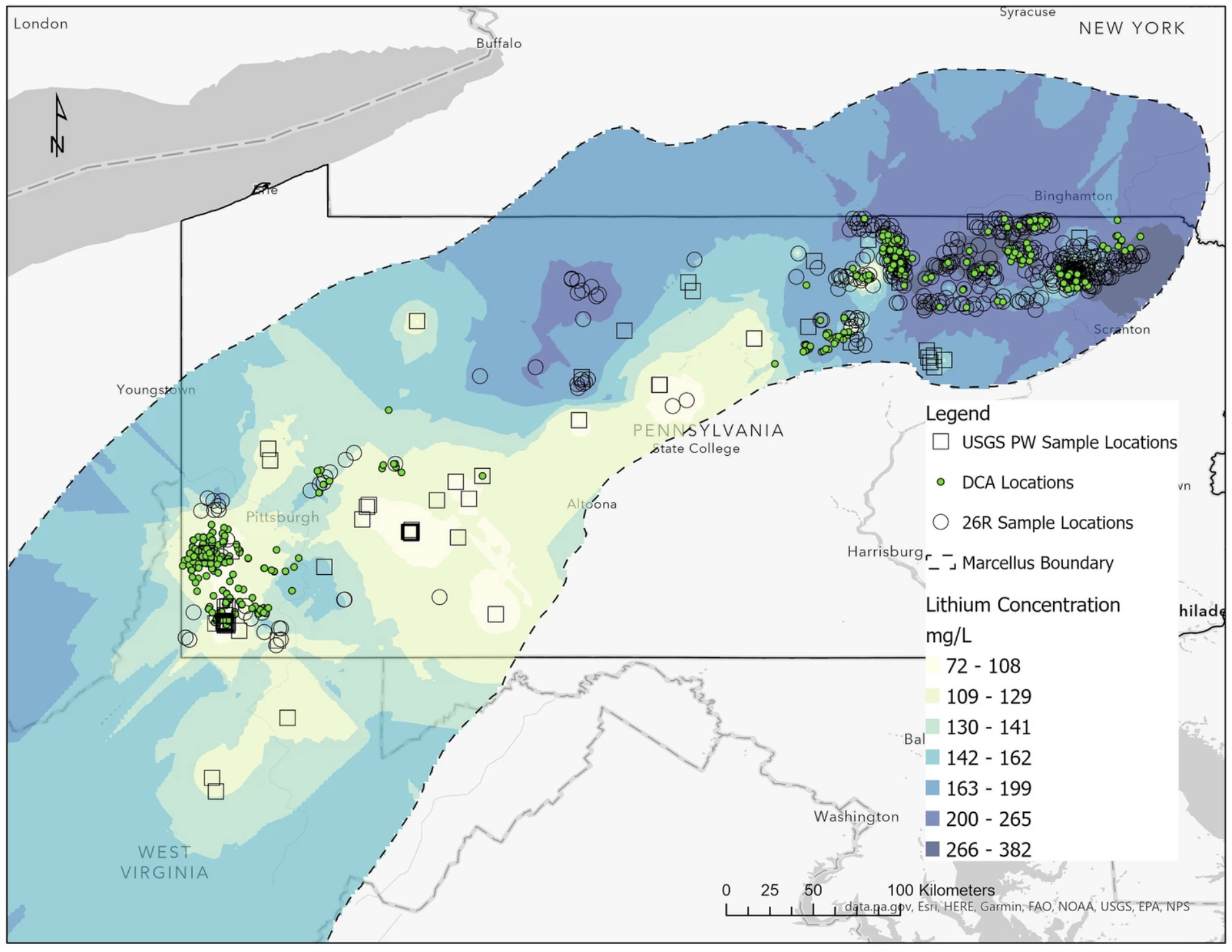 Lithium map of brines from the Appalachian Basin