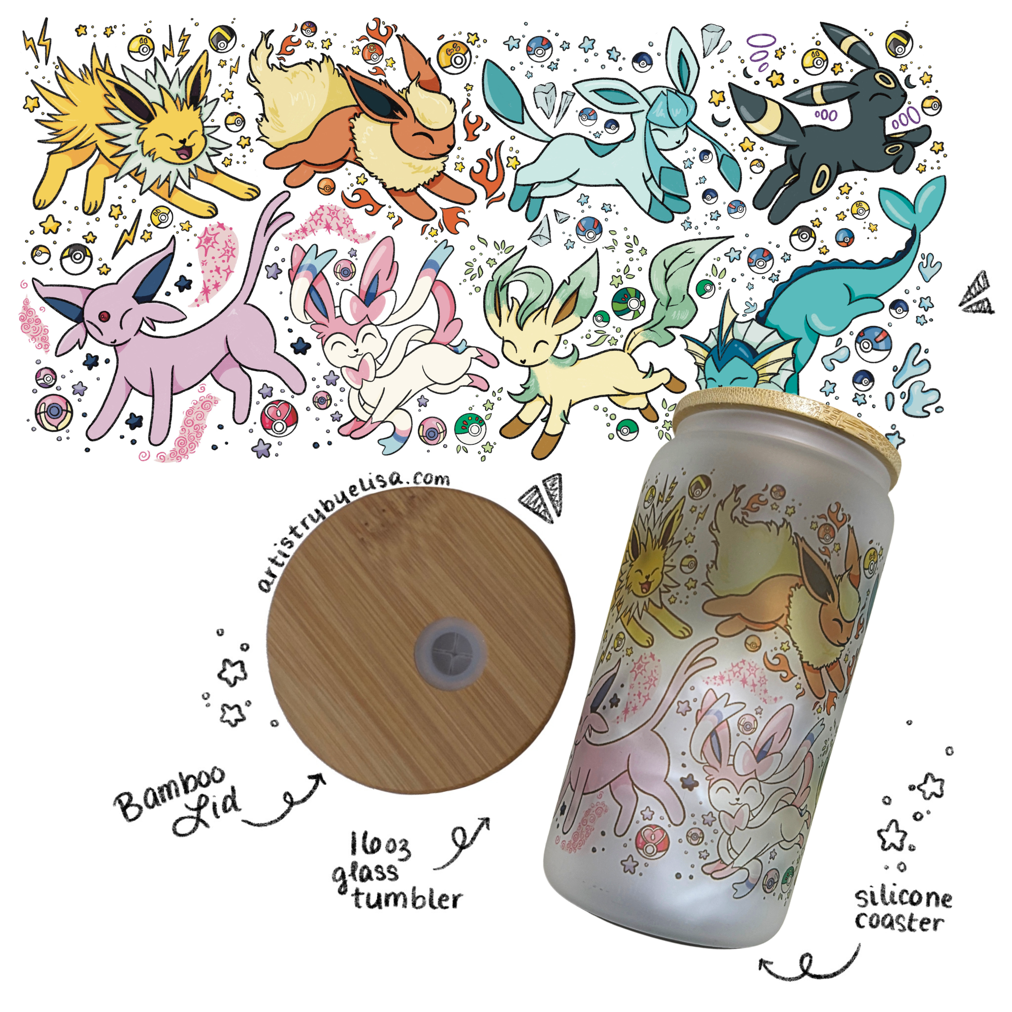 Eevelutions - A Hand Drawn Custom Glass Cup